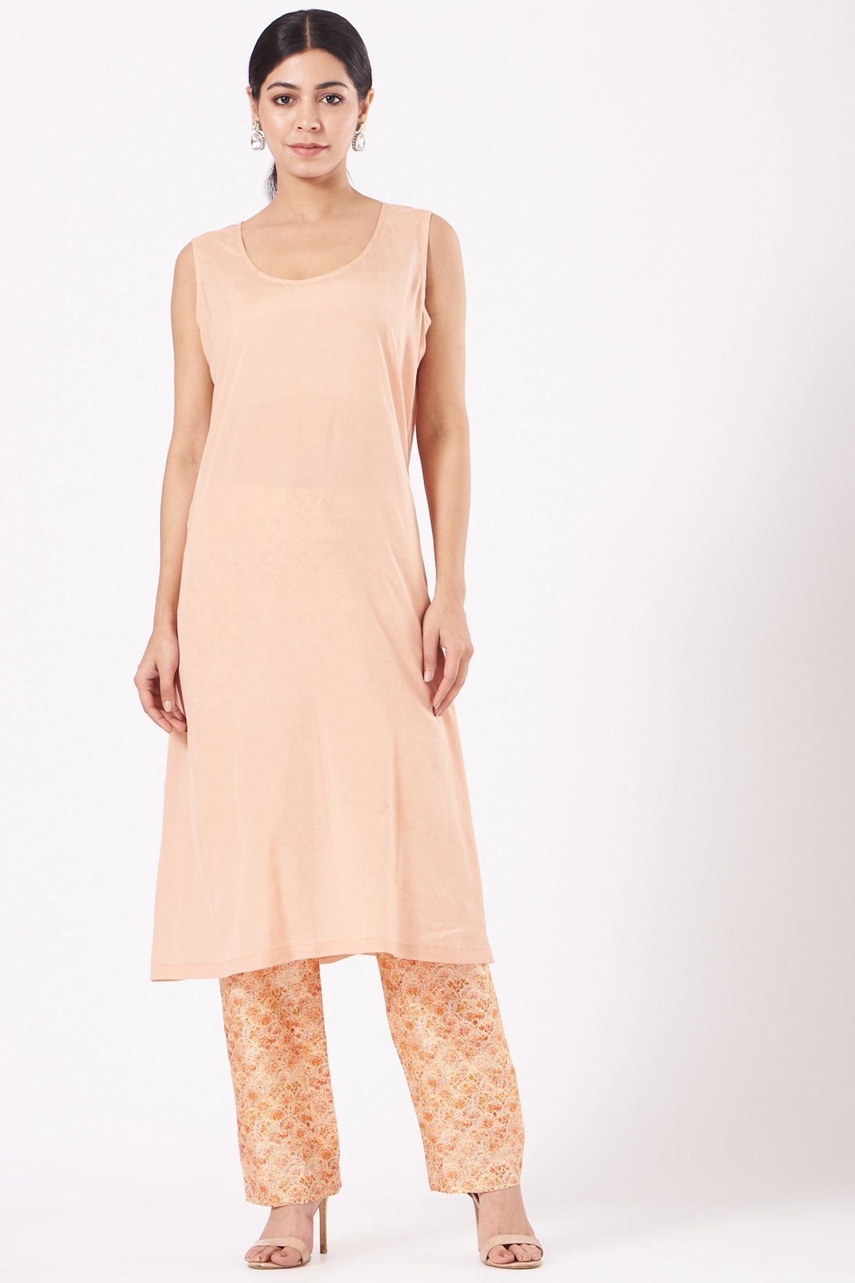 Peach Printed Asymmetrical Kurta Set