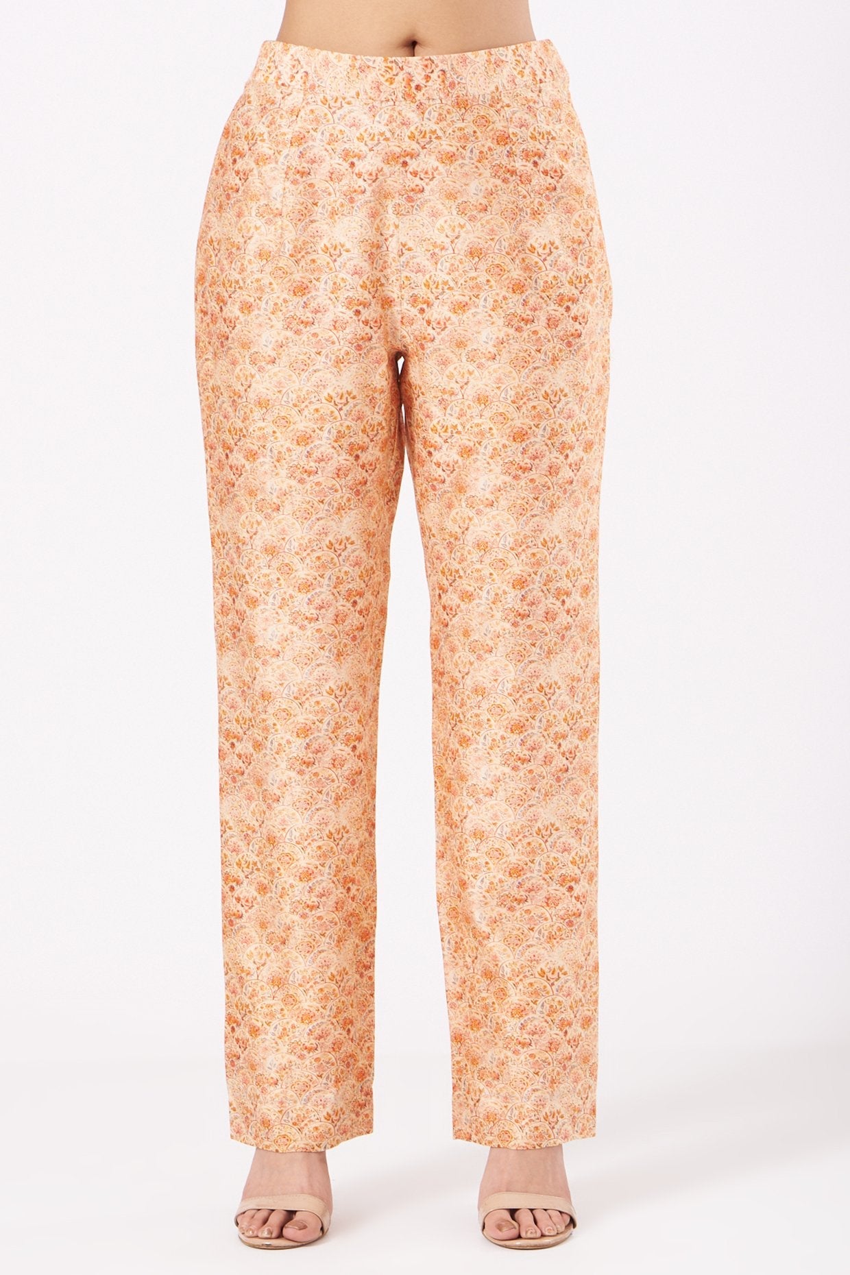 Peach Printed Asymmetrical Kurta Set