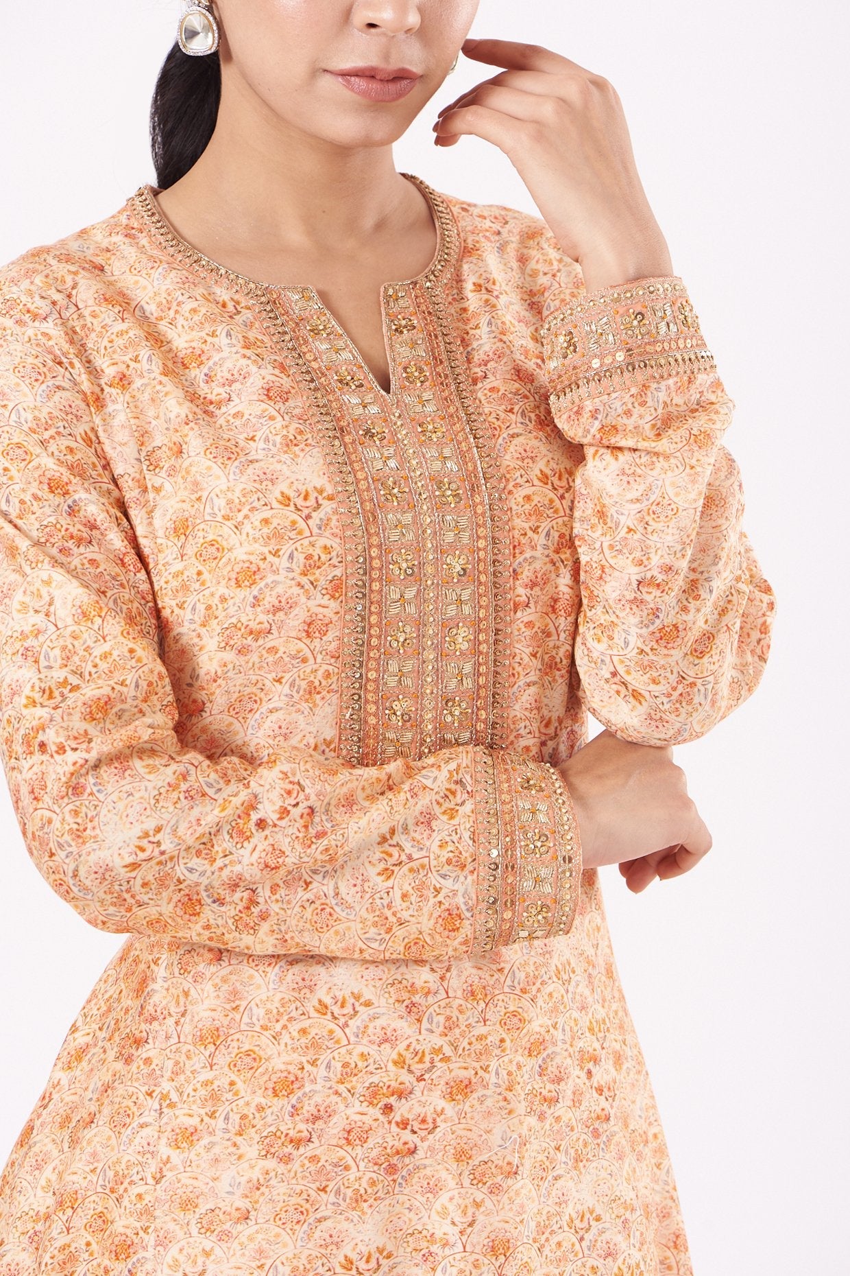 Peach Printed Asymmetrical Kurta Set
