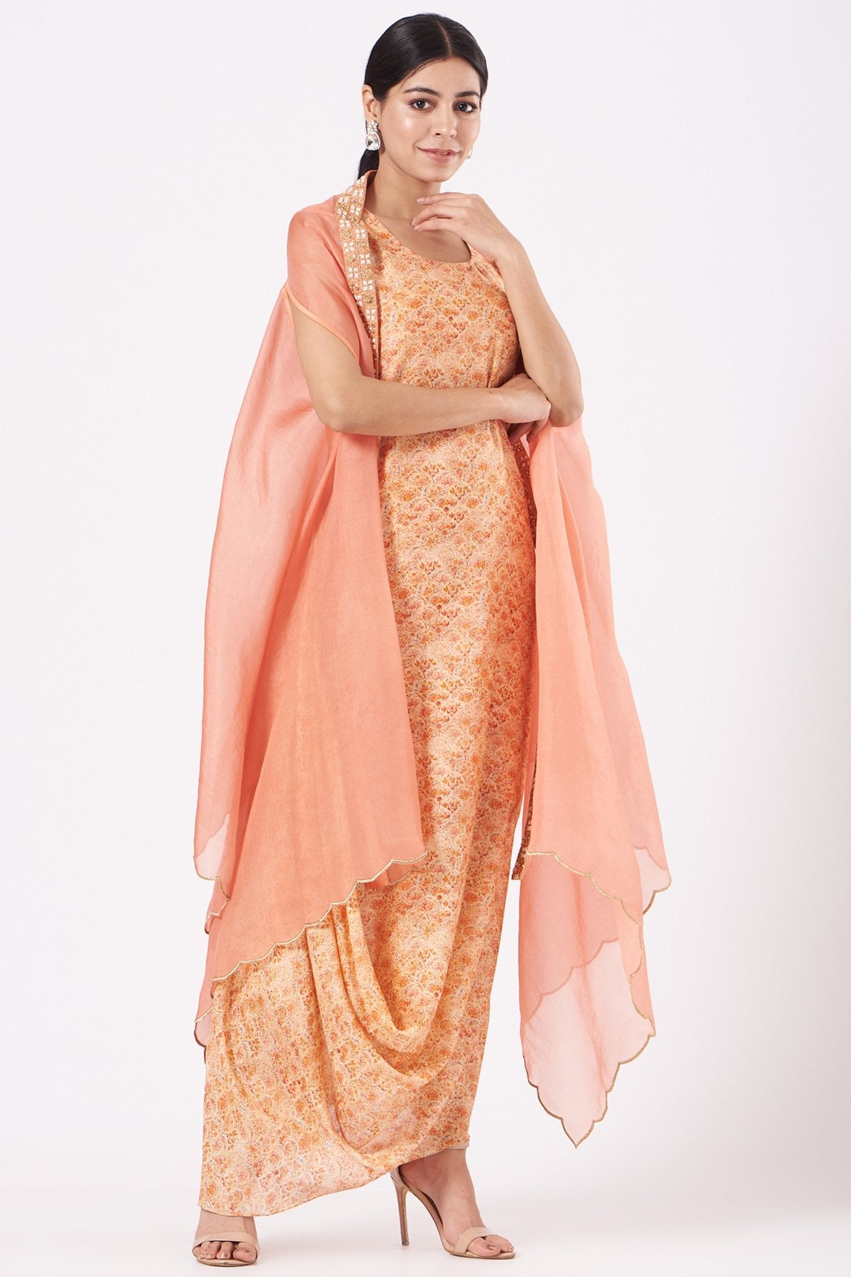 Peach Printed Cowl Kurta With Cape