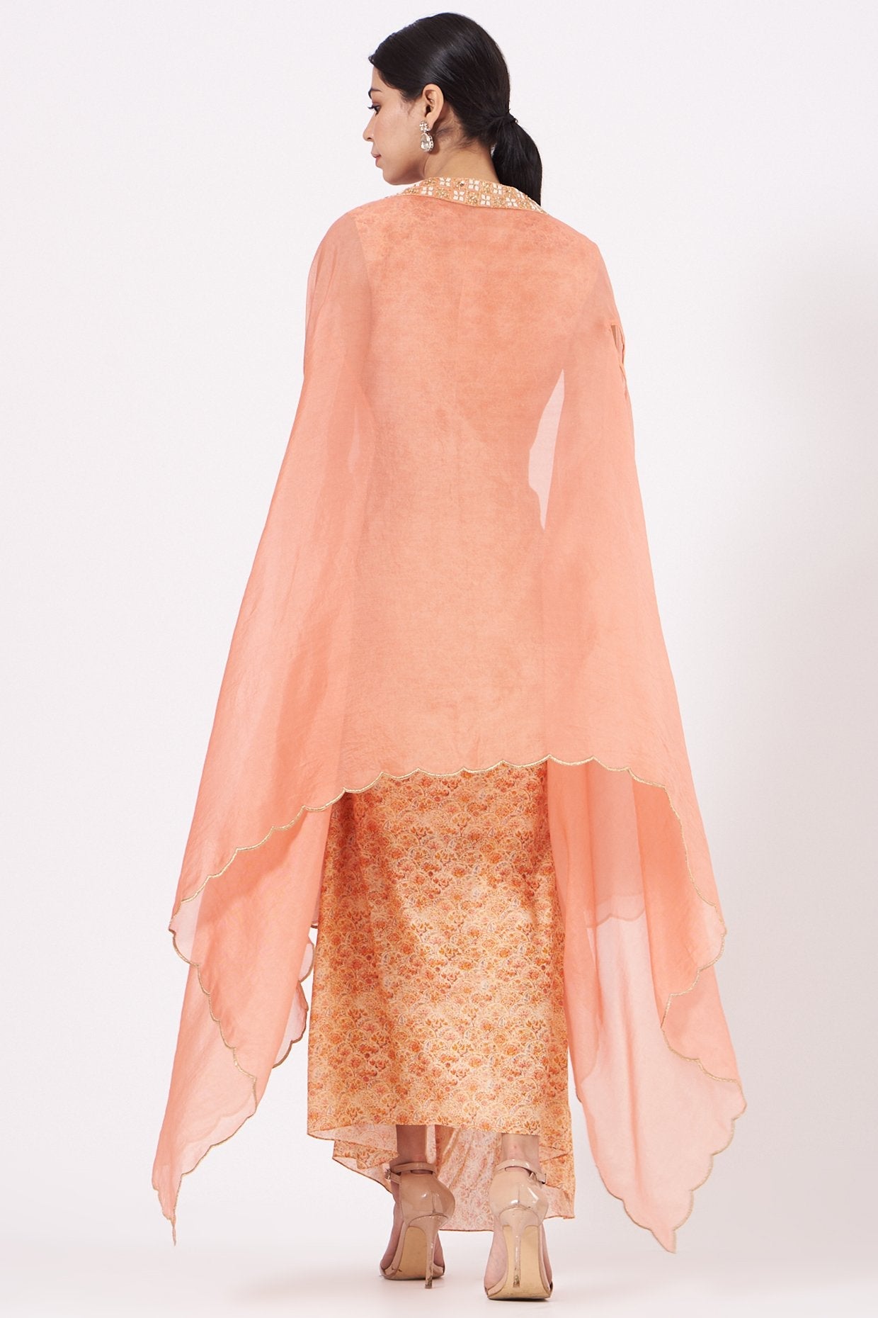 Peach Printed Cowl Kurta With Cape