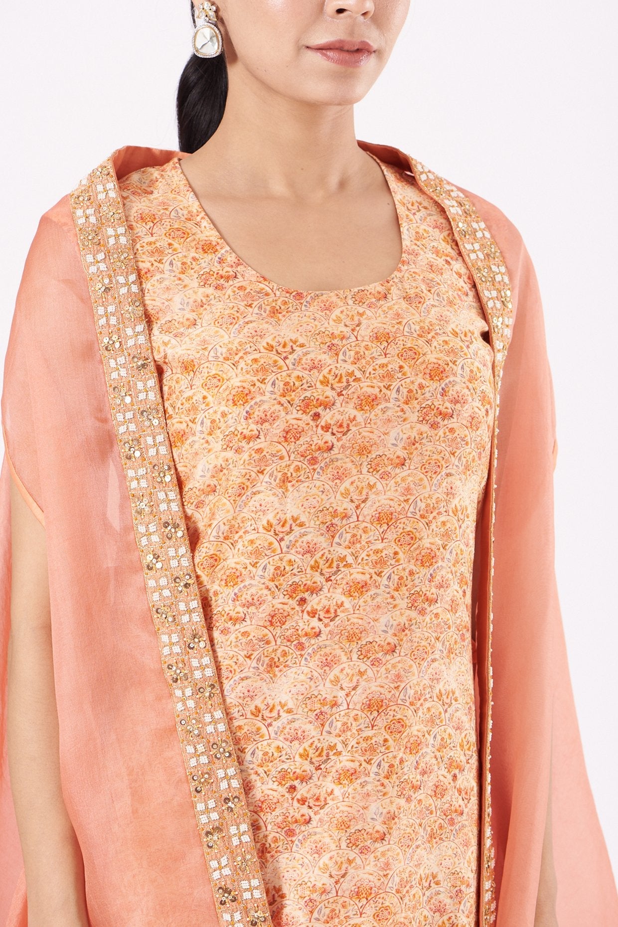 Peach Printed Cowl Kurta With Cape