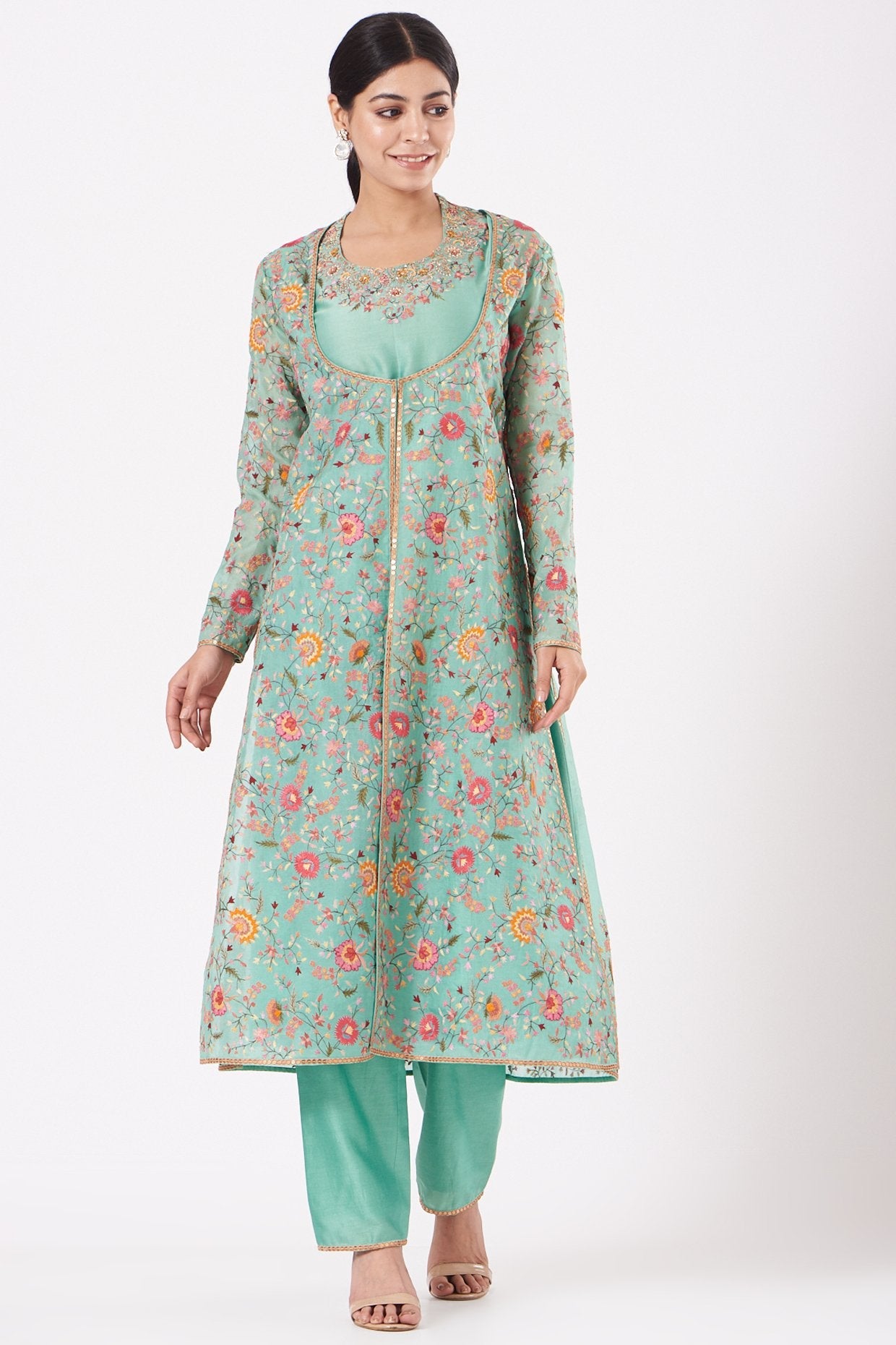 Mint Green Embroidered Jacket Set