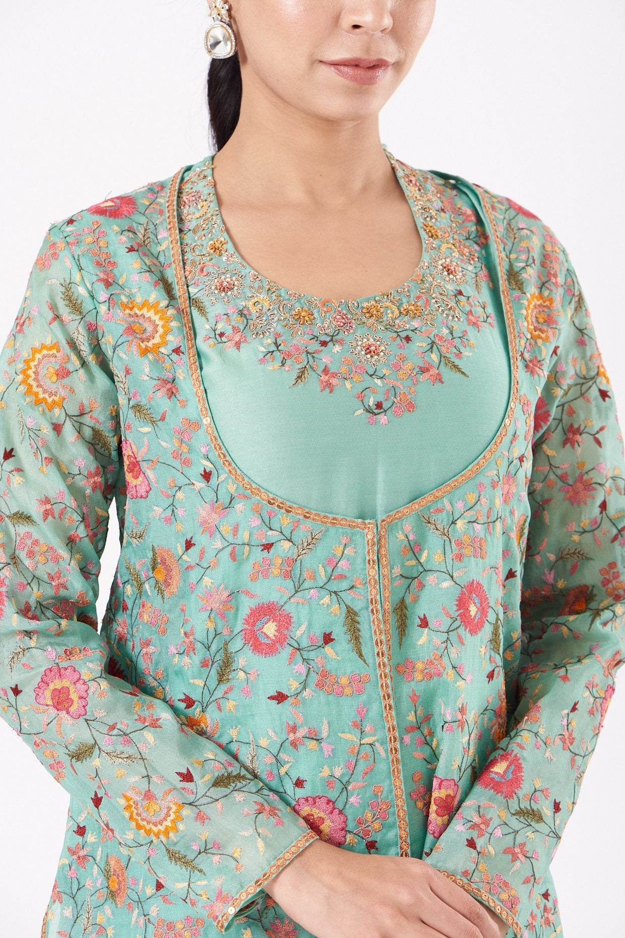 Mint Green Embroidered Jacket Set