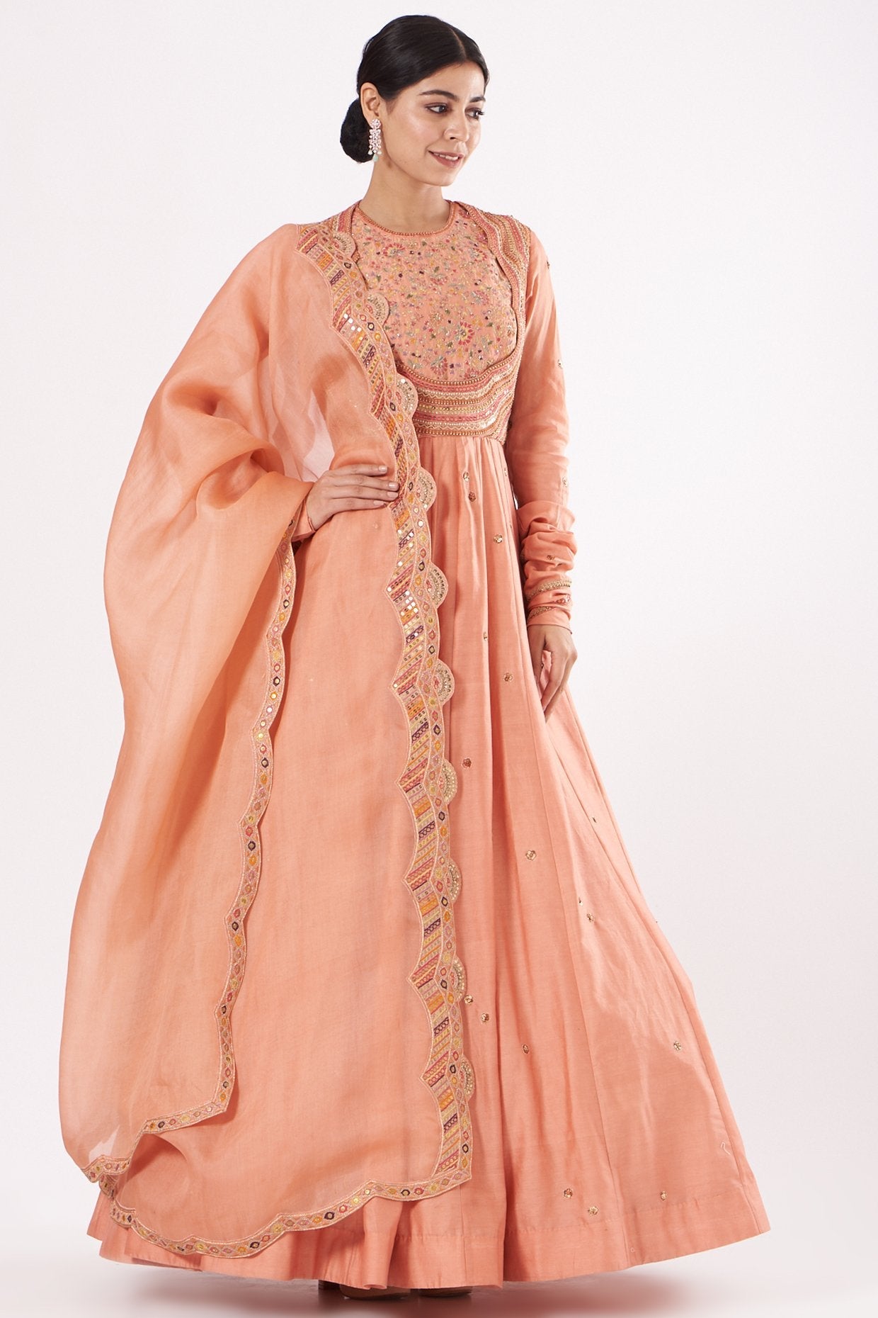 Peach Embroidered Kalidar Anarkali Set