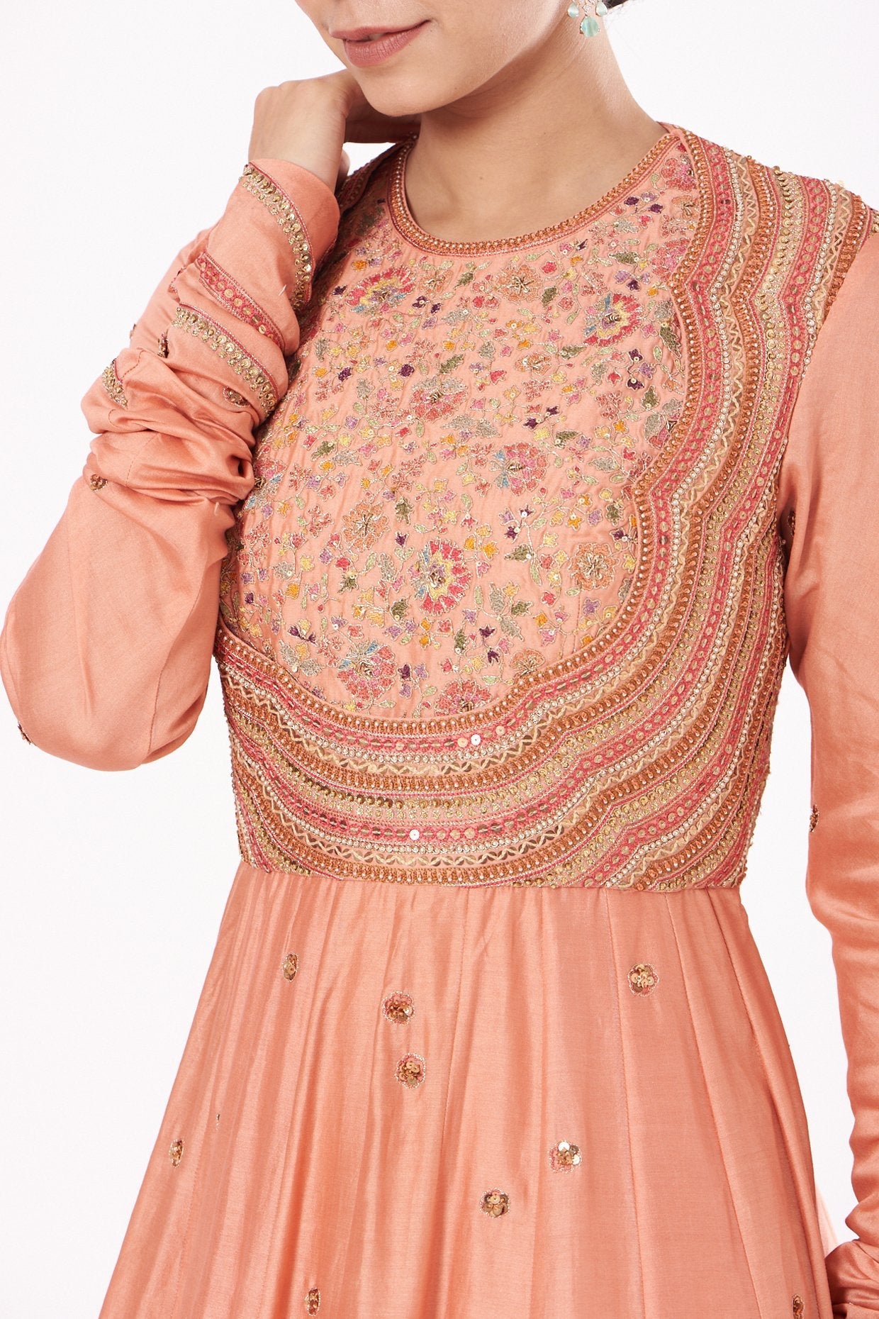 Peach Embroidered Kalidar Anarkali Set