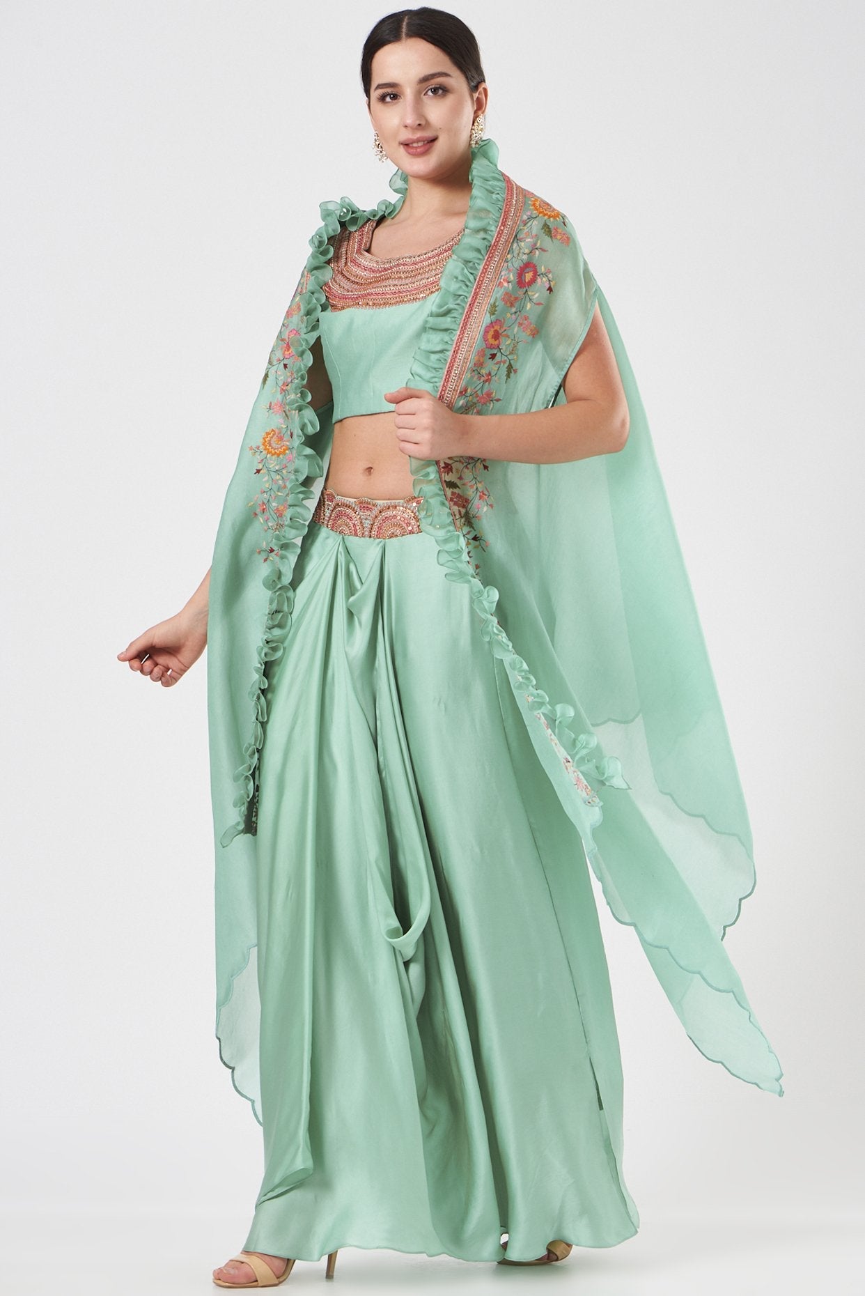 Green Satin Skirt Set