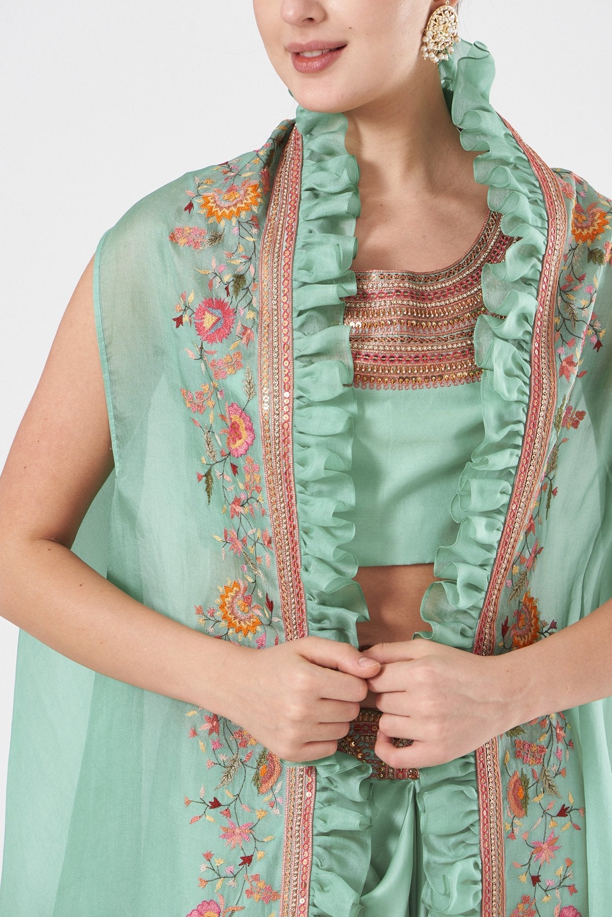 Green Satin Skirt Set