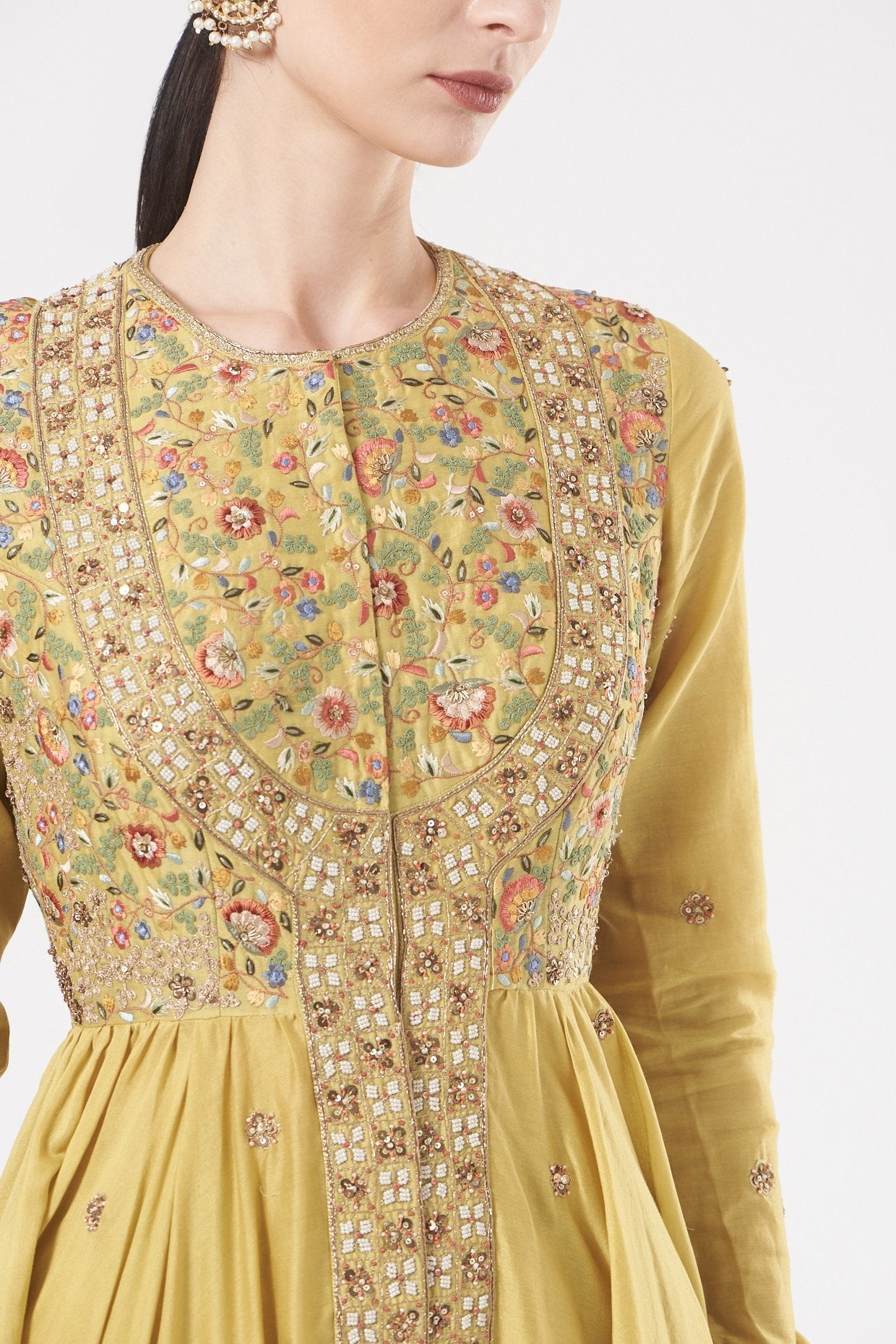 Yellow Chanderi Kalidar Anarkali Set