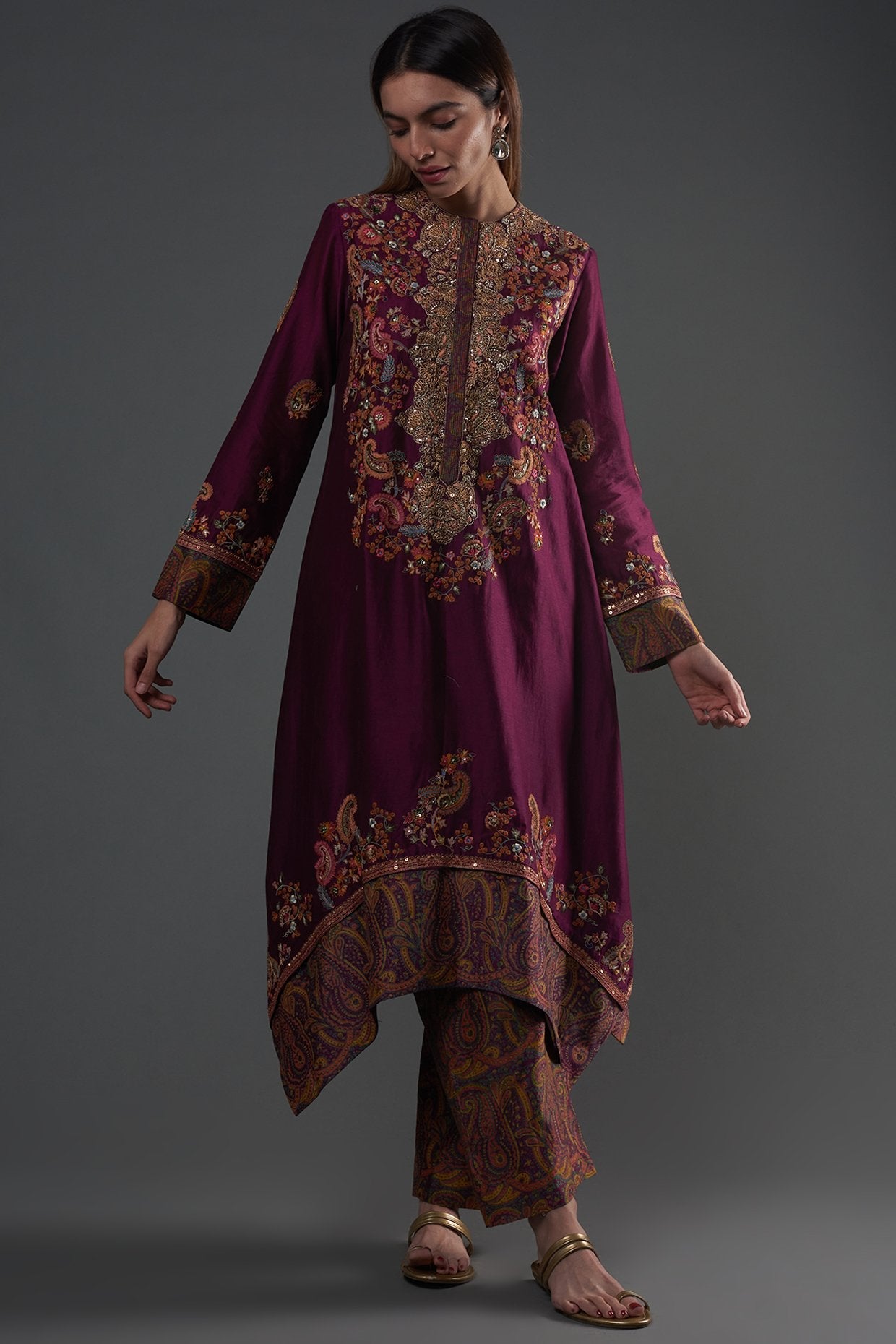 Wine Chanderi Kurta Set