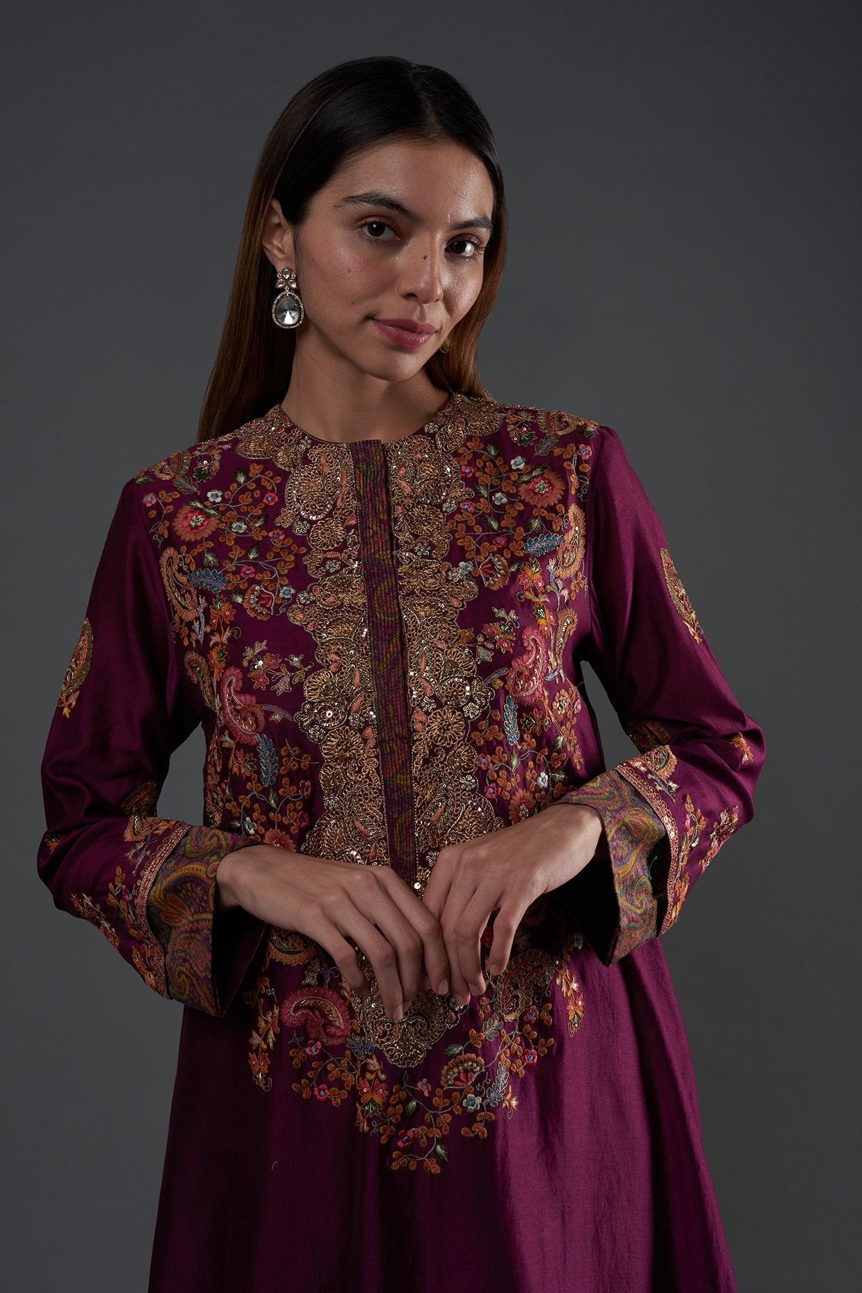 Wine Chanderi Kurta Set