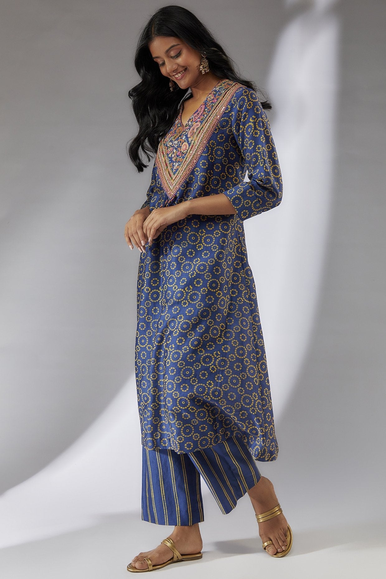 Blue Chanderi Bandhani Printed Kurta Set