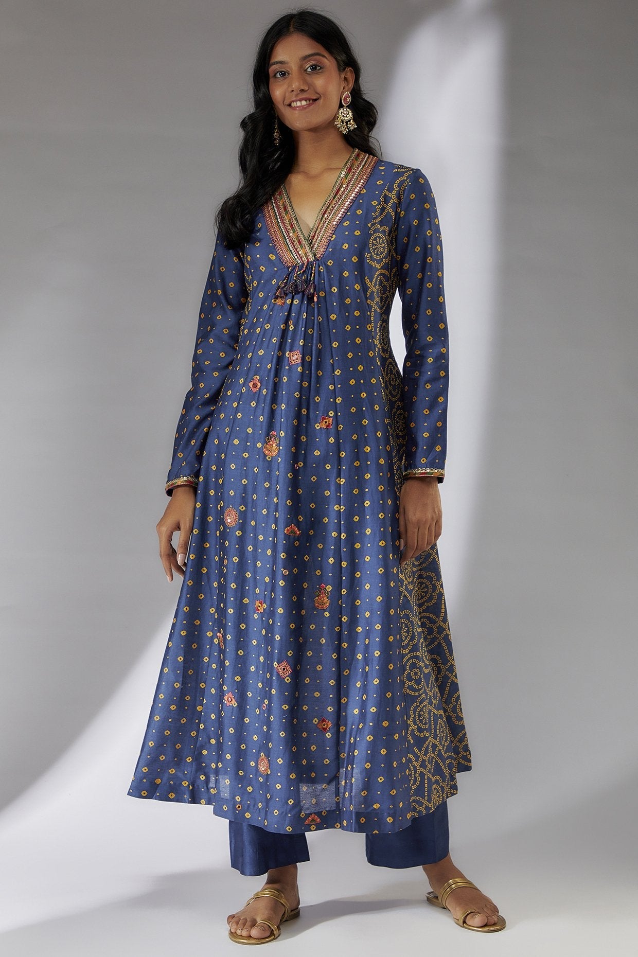 Blue Chanderi Bandhani Printed Kurta Set