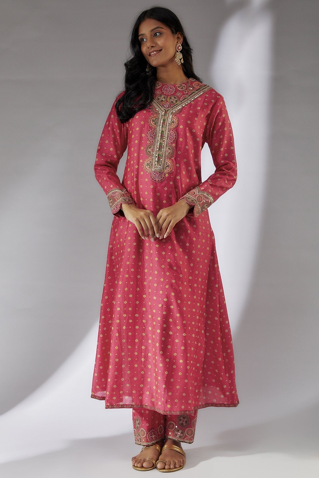 Pink Chanderi Bandhani Printed Kurta Set