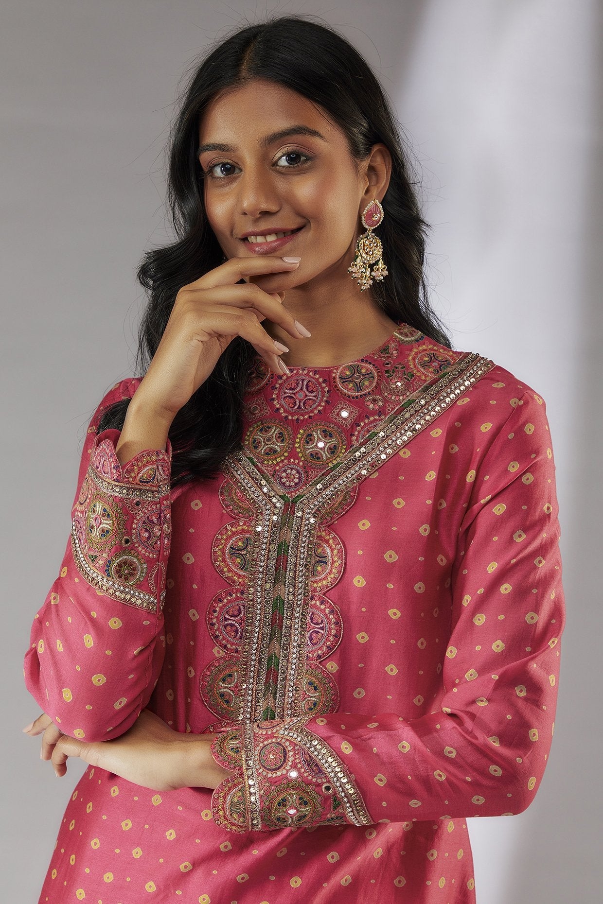 Pink Chanderi Bandhani Printed Kurta Set
