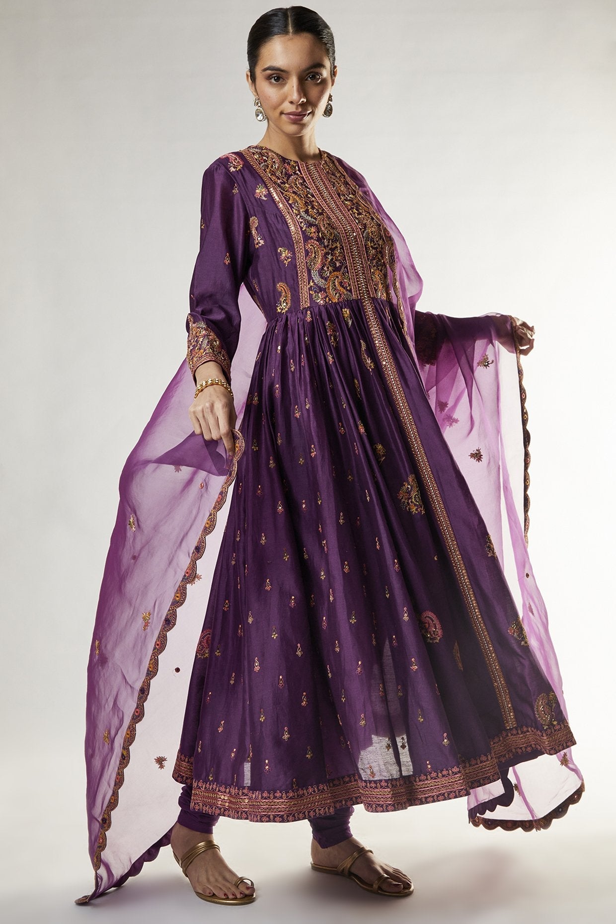 Purple Chanderi Kalidar Kurta Set