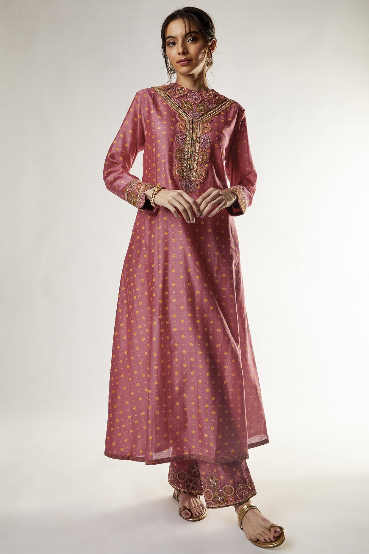 Pink Chanderi Bandhani Printed Kurta Set