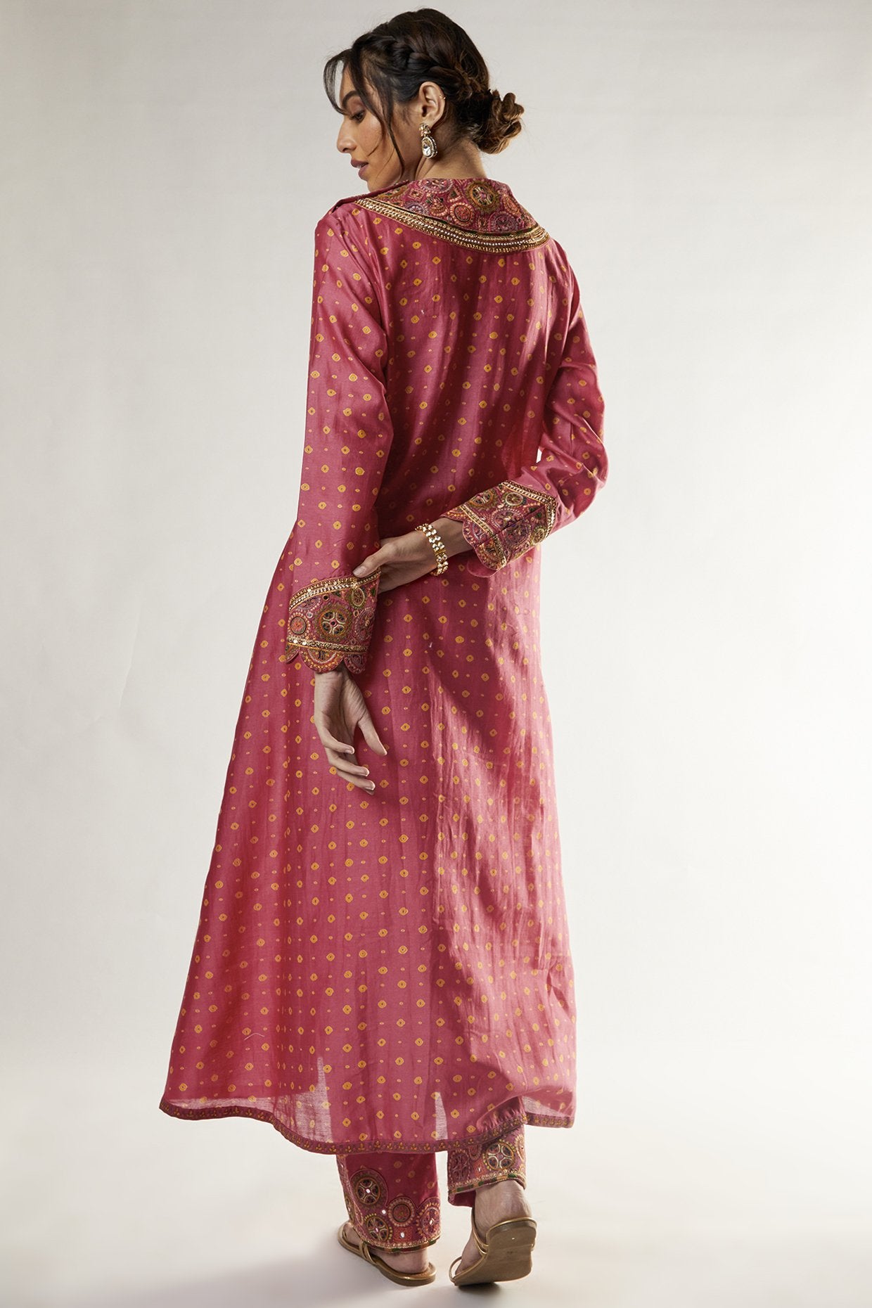 Pink Chanderi Bandhani Printed Kurta Set