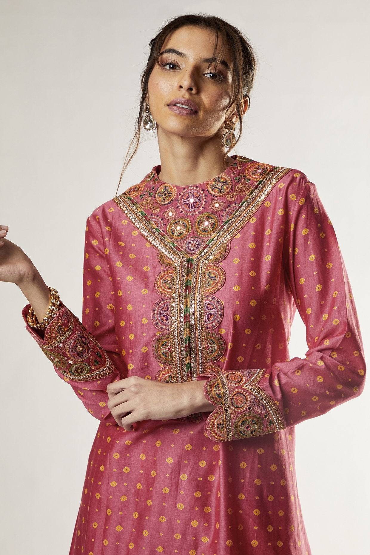 Pink Chanderi Bandhani Printed Kurta Set