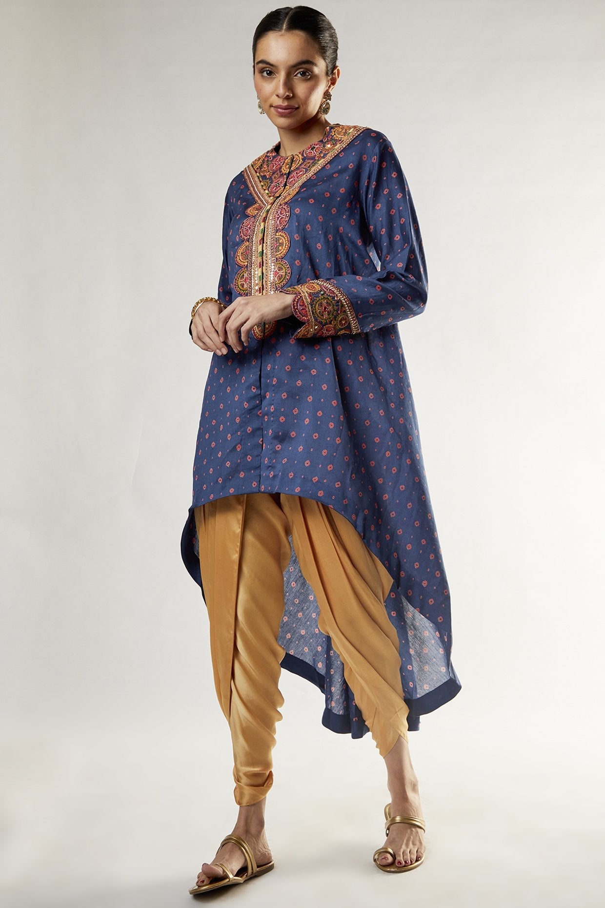 Blue Bandhani High-Low Jacket Set