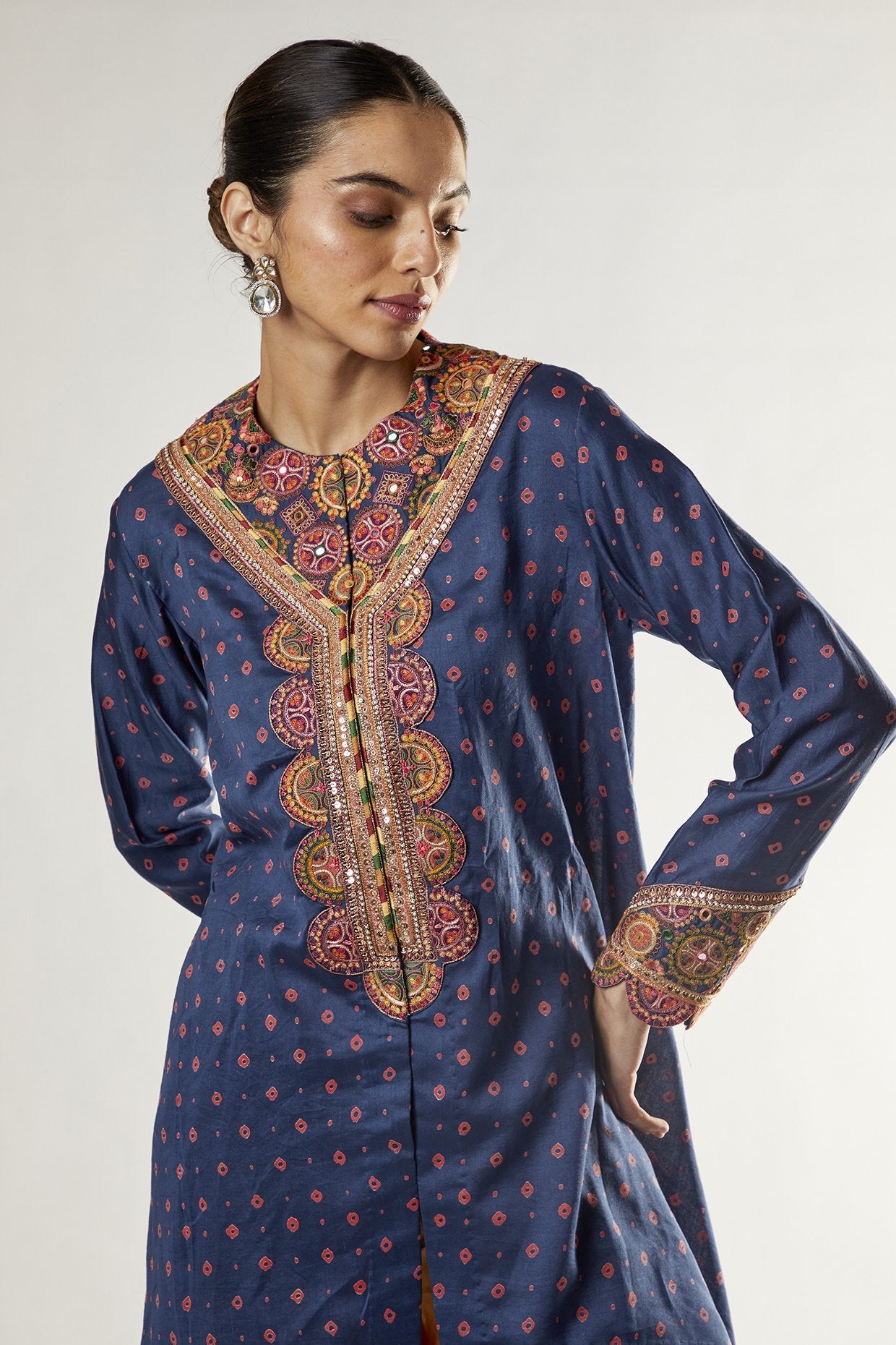 Blue Bandhani High-Low Jacket Set