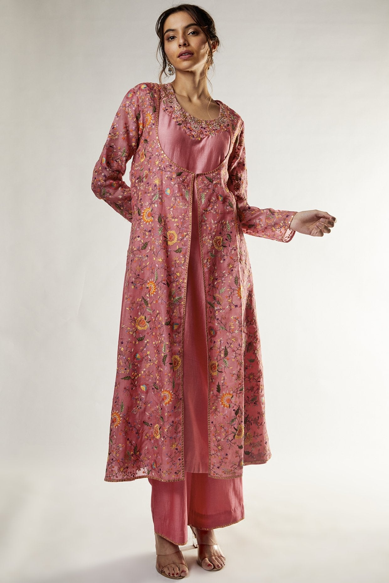 Pink Organza Embroidered Jacket Set