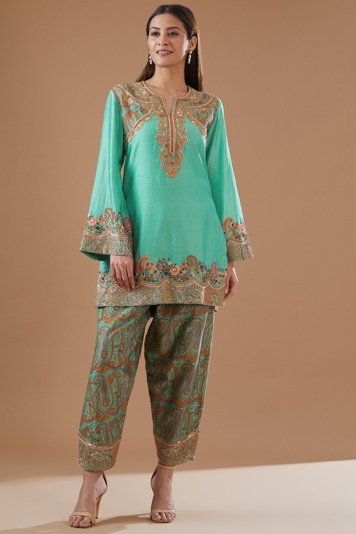 Turquoise Chanderi Printed Short Kurta Set