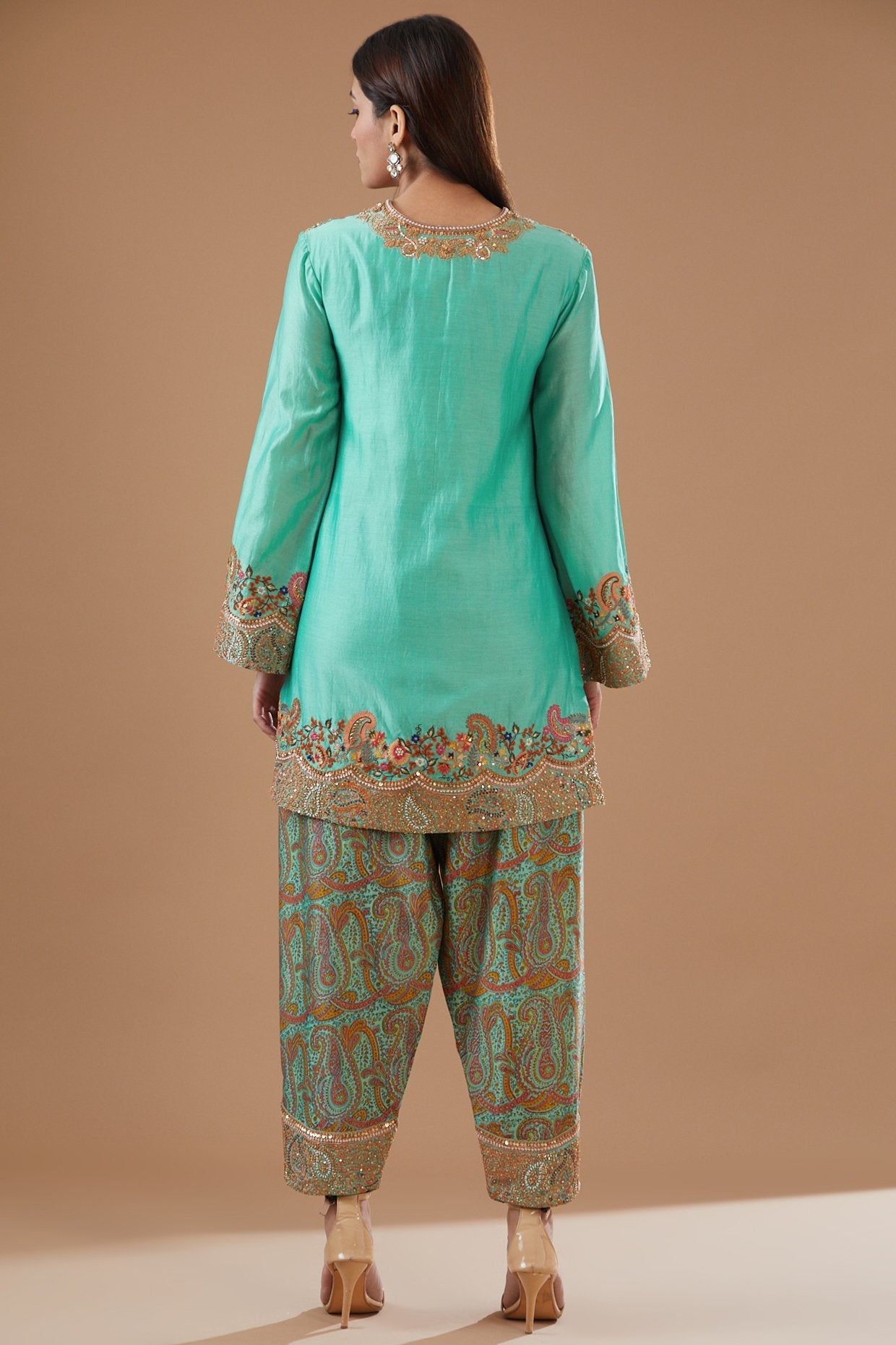 Turquoise Chanderi Printed Short Kurta Set