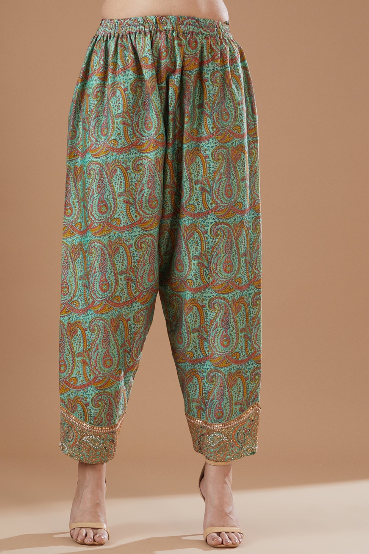 Turquoise Chanderi Printed Short Kurta Set