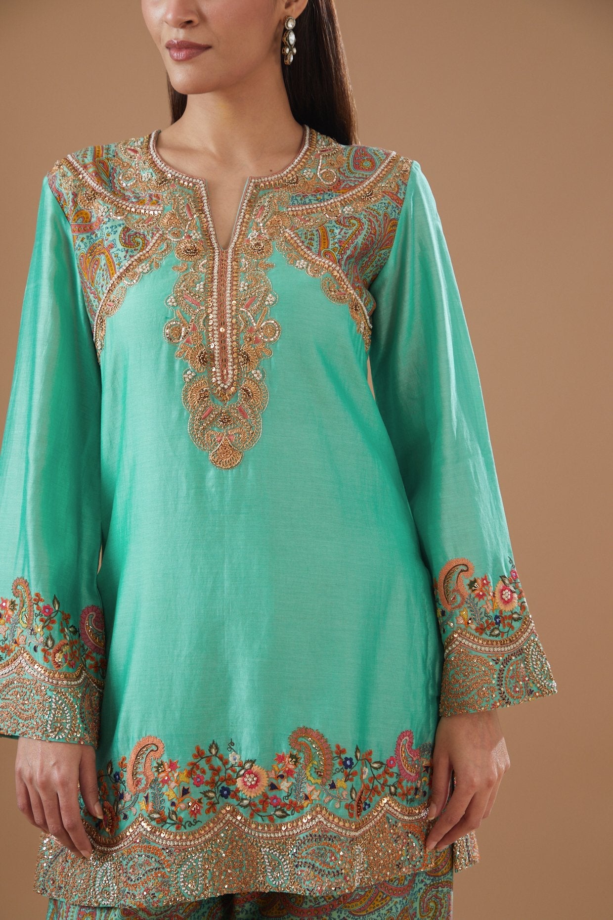 Turquoise Chanderi Printed Short Kurta Set