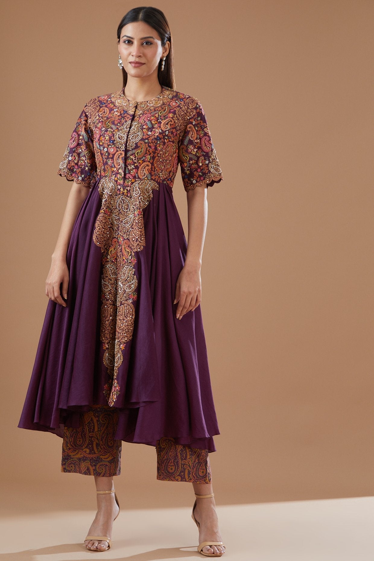 Wine Chanderi Printed Asymmetrical Kalidar Kurta Set