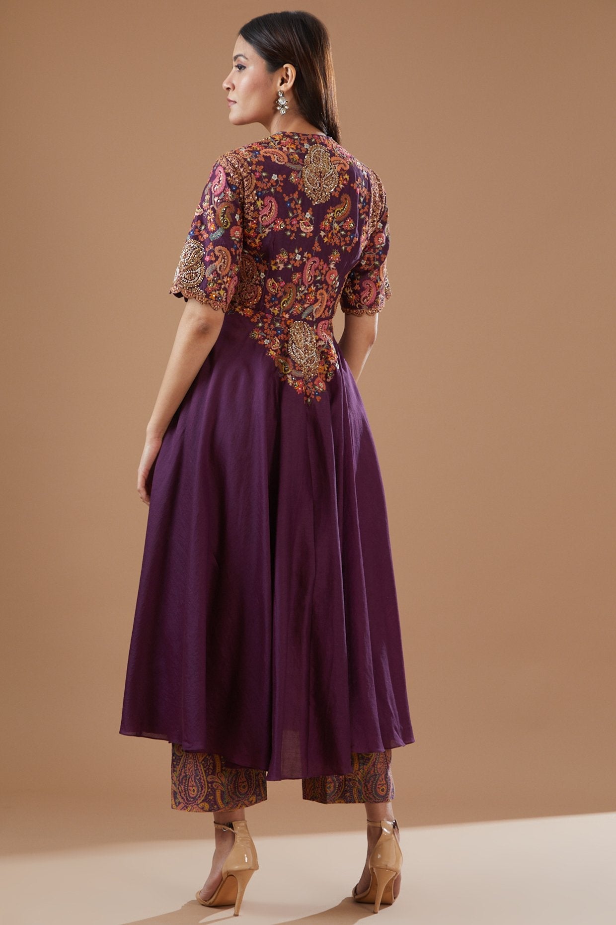 Wine Chanderi Printed Asymmetrical Kalidar Kurta Set