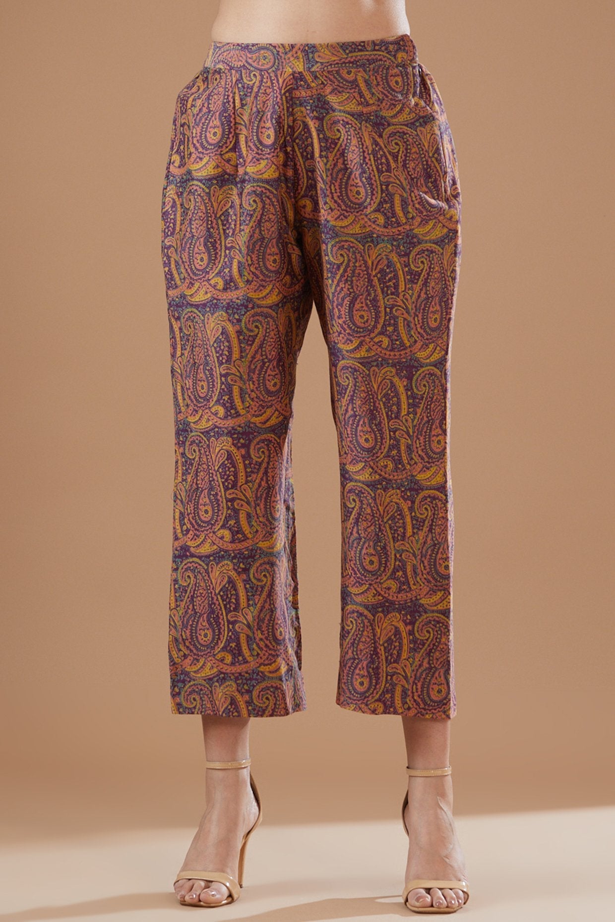 Wine Chanderi Printed Asymmetrical Kalidar Kurta Set