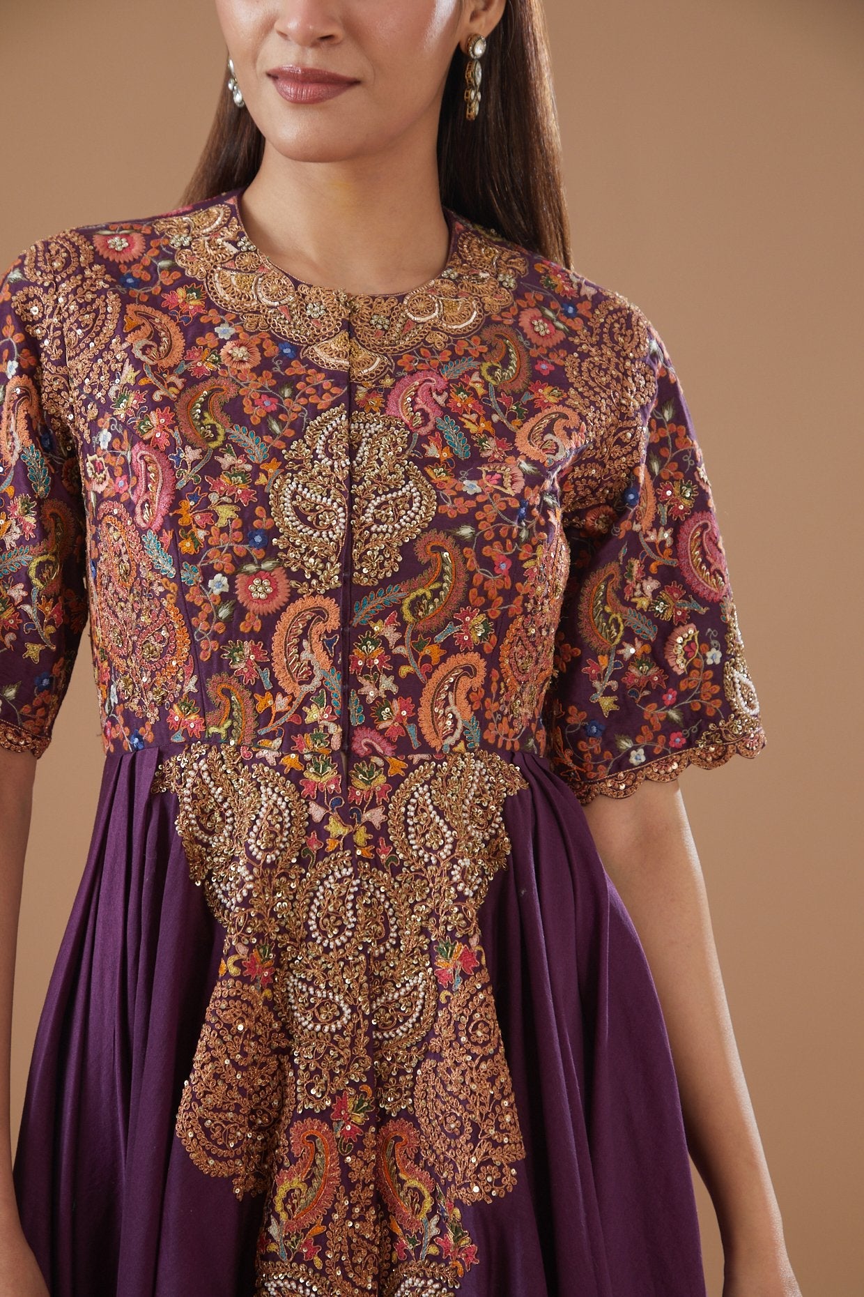Wine Chanderi Printed Asymmetrical Kalidar Kurta Set