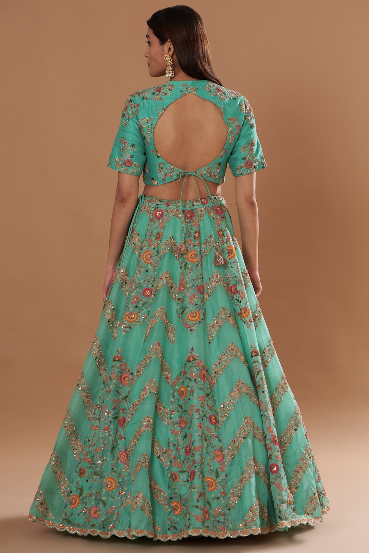 Green Organza Embroidered Lehenga Set