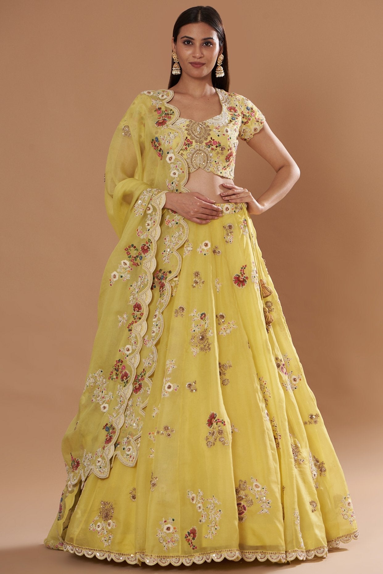 Yellow Organza Embroidered Lehenga Set