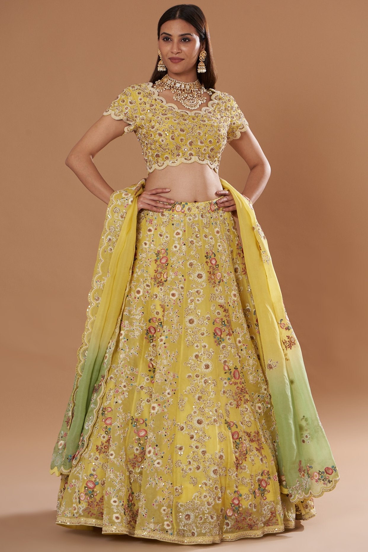 Yellow Organza Embroidered Lehenga Set