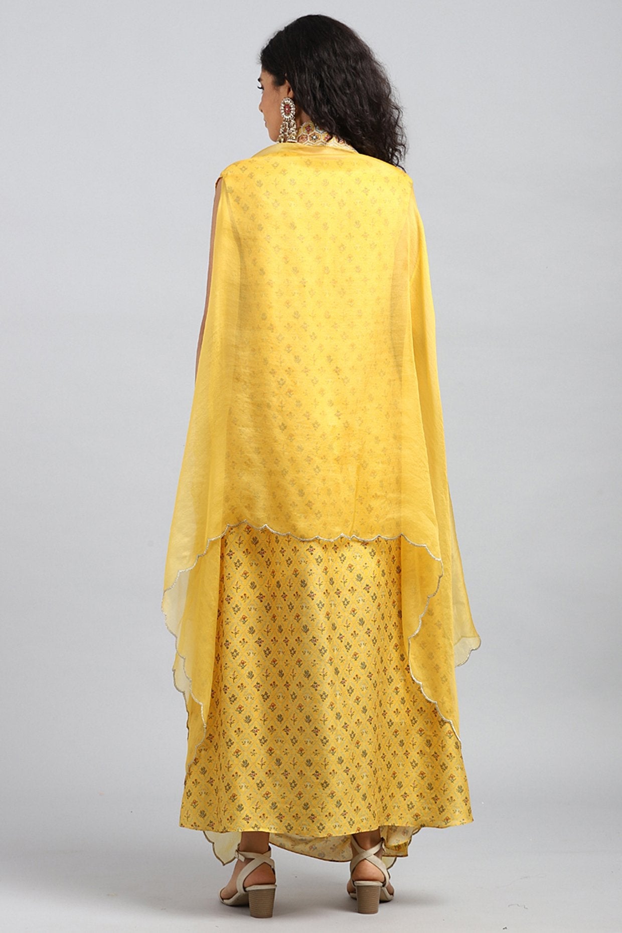 Yellow Embroidered Cowl Kurta With Cape