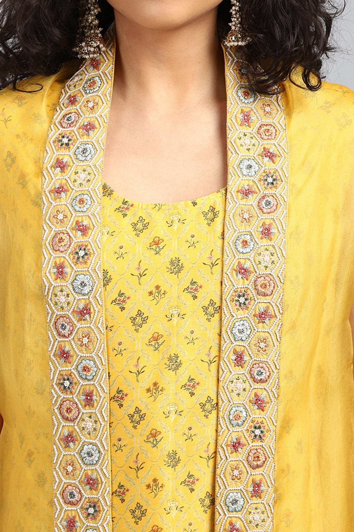 Yellow Embroidered Cowl Kurta With Cape