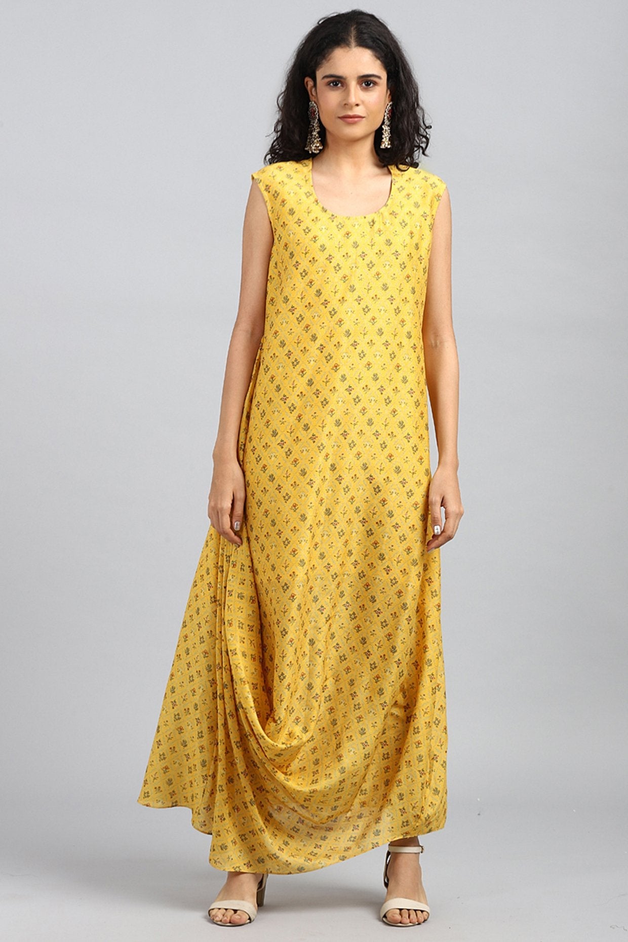 Yellow Embroidered Cowl Kurta With Cape