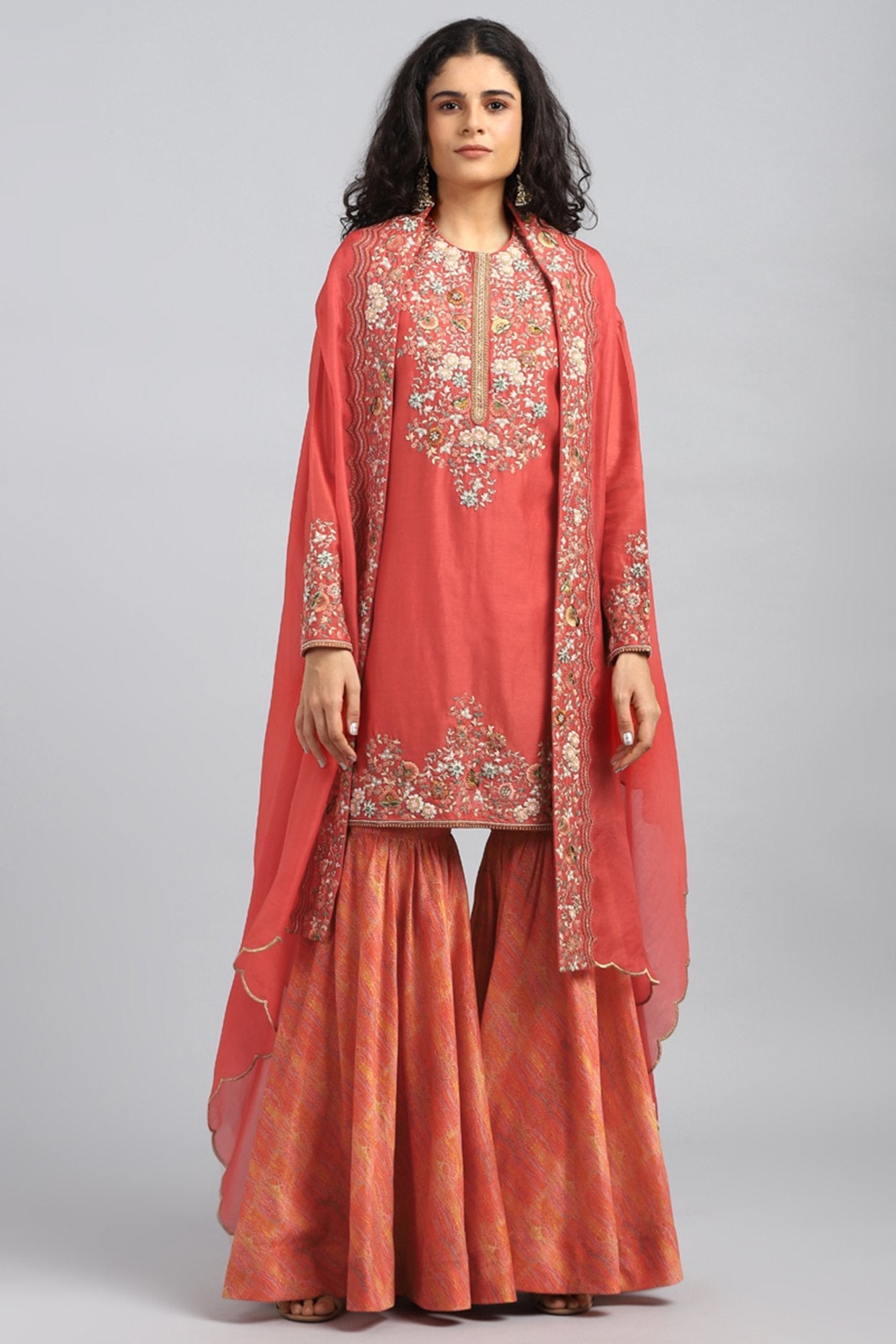 Red Embroidered & Printed Sharara Pants