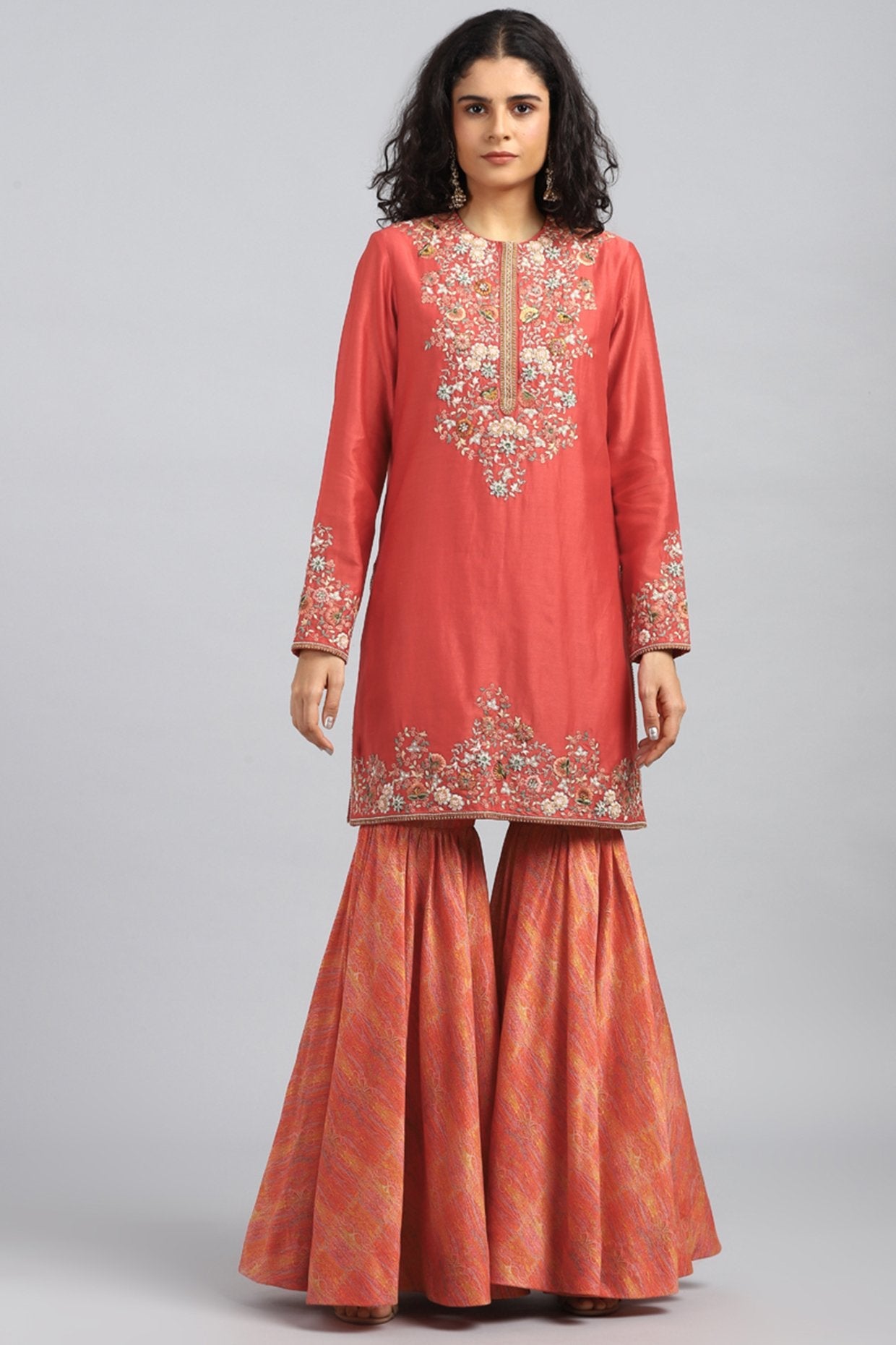 Red Embroidered & Printed Sharara Pants