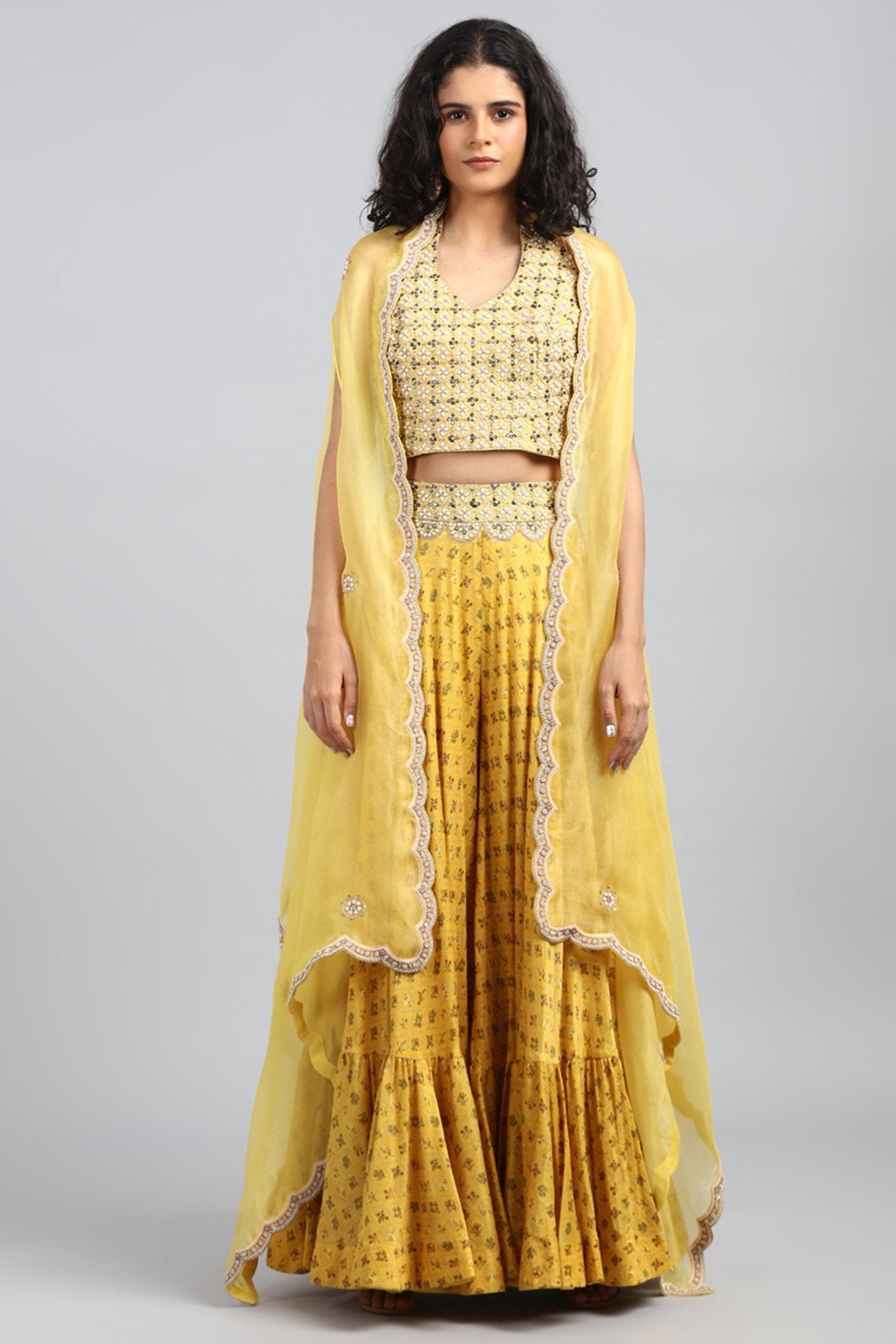 Yellow Embroidered & Printed Sharara Pants