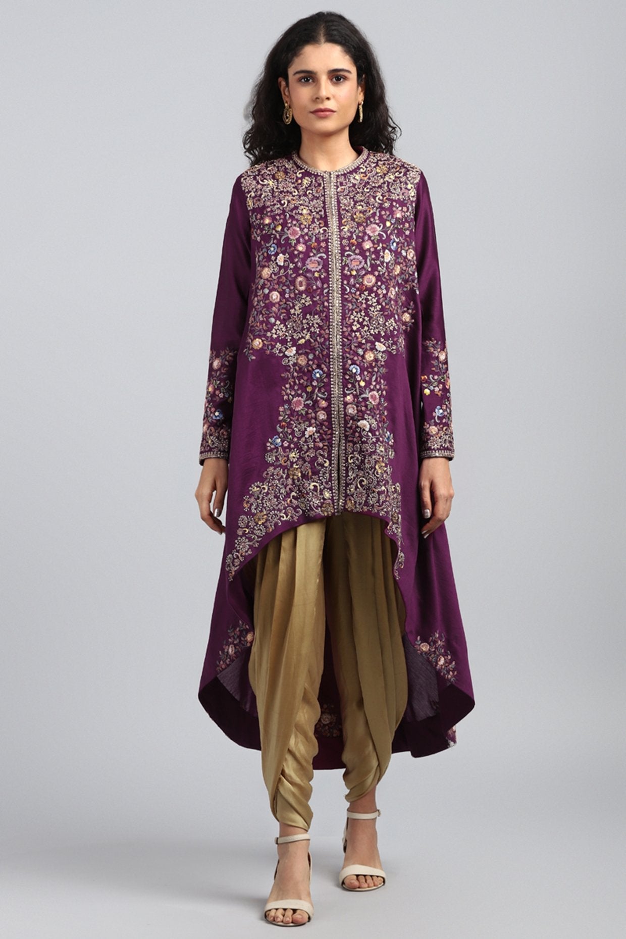 Purple Embroidered & Printed Cape Set