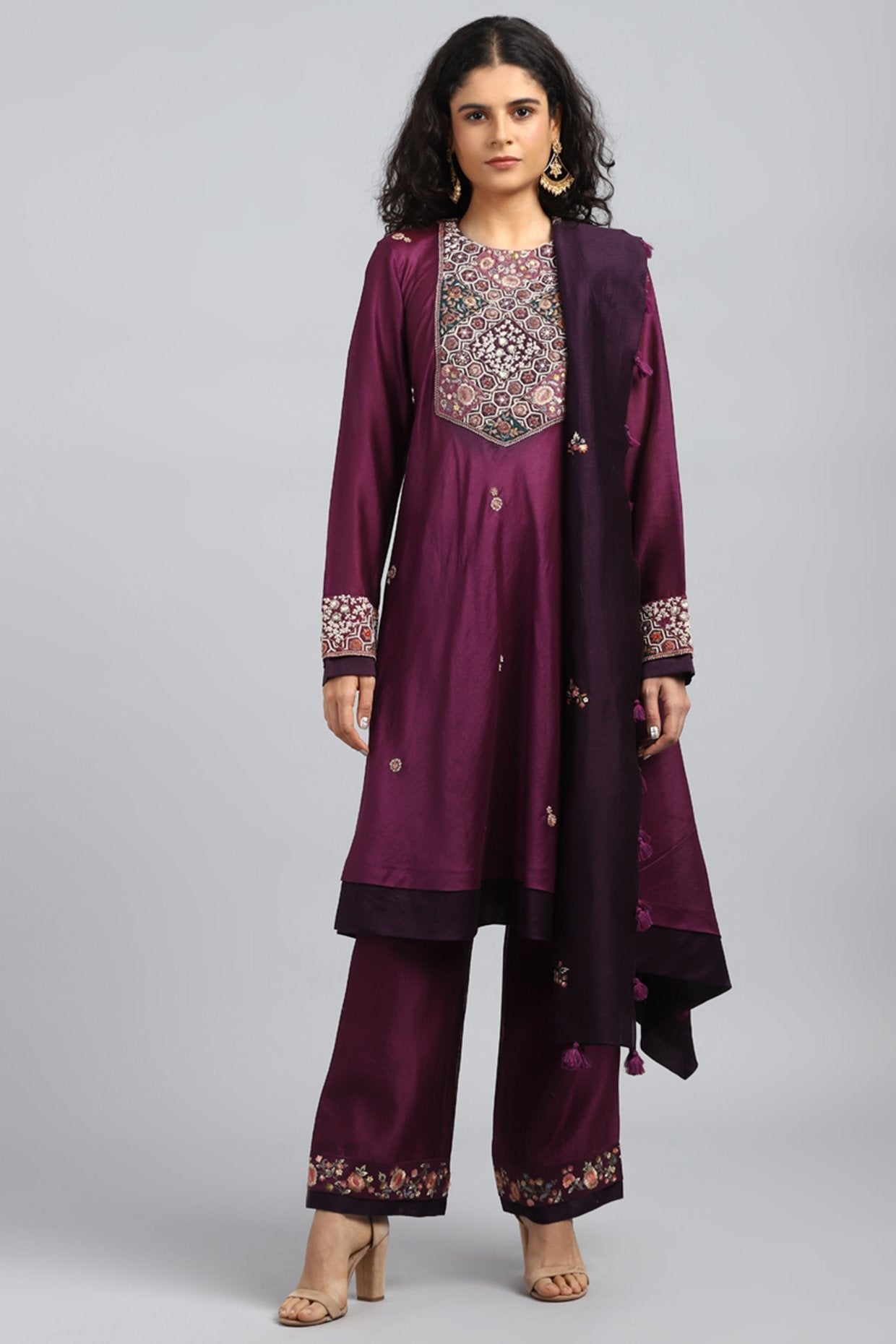 Purple Embroidered & Printed Kurta Set