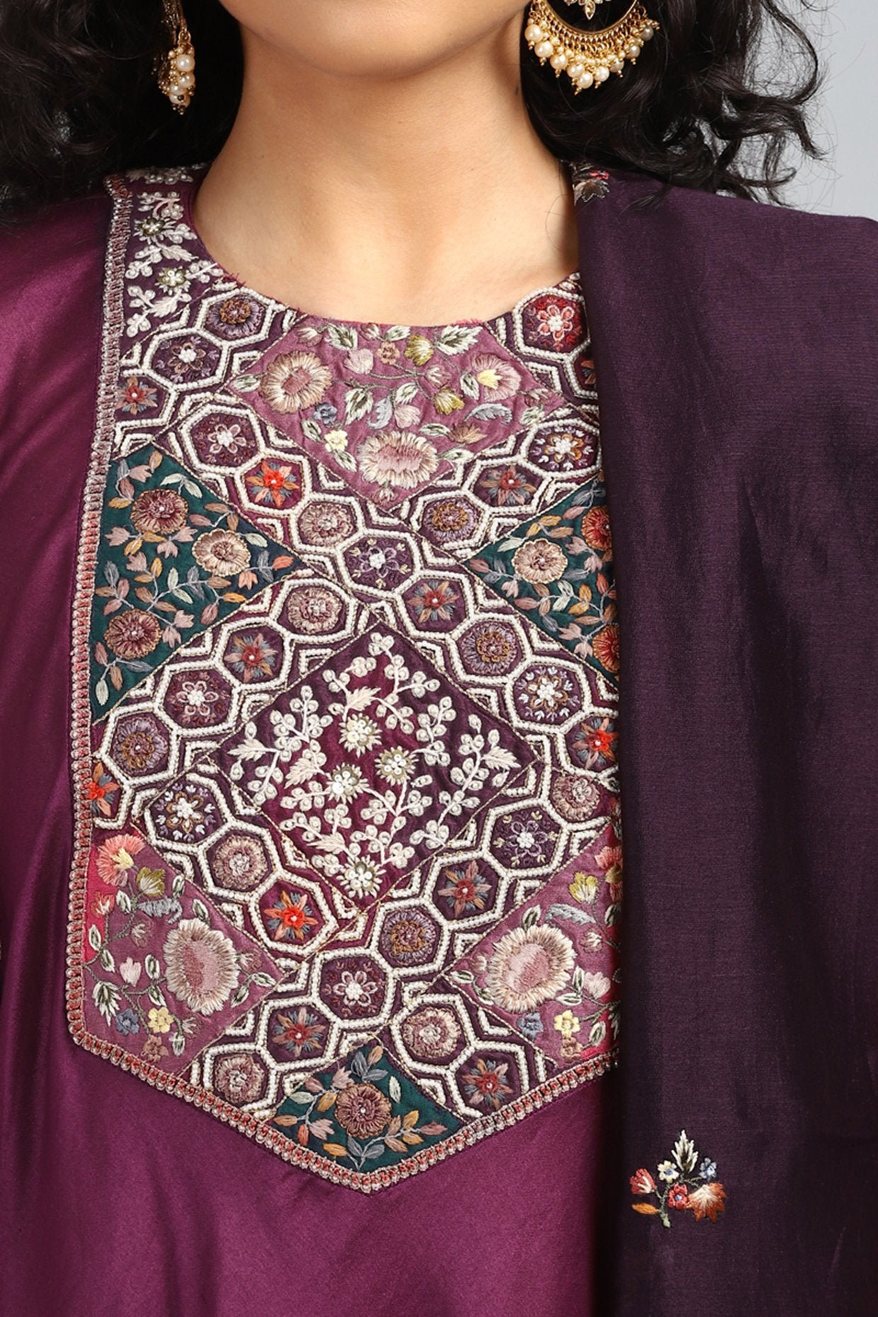 Purple Embroidered & Printed Kurta Set