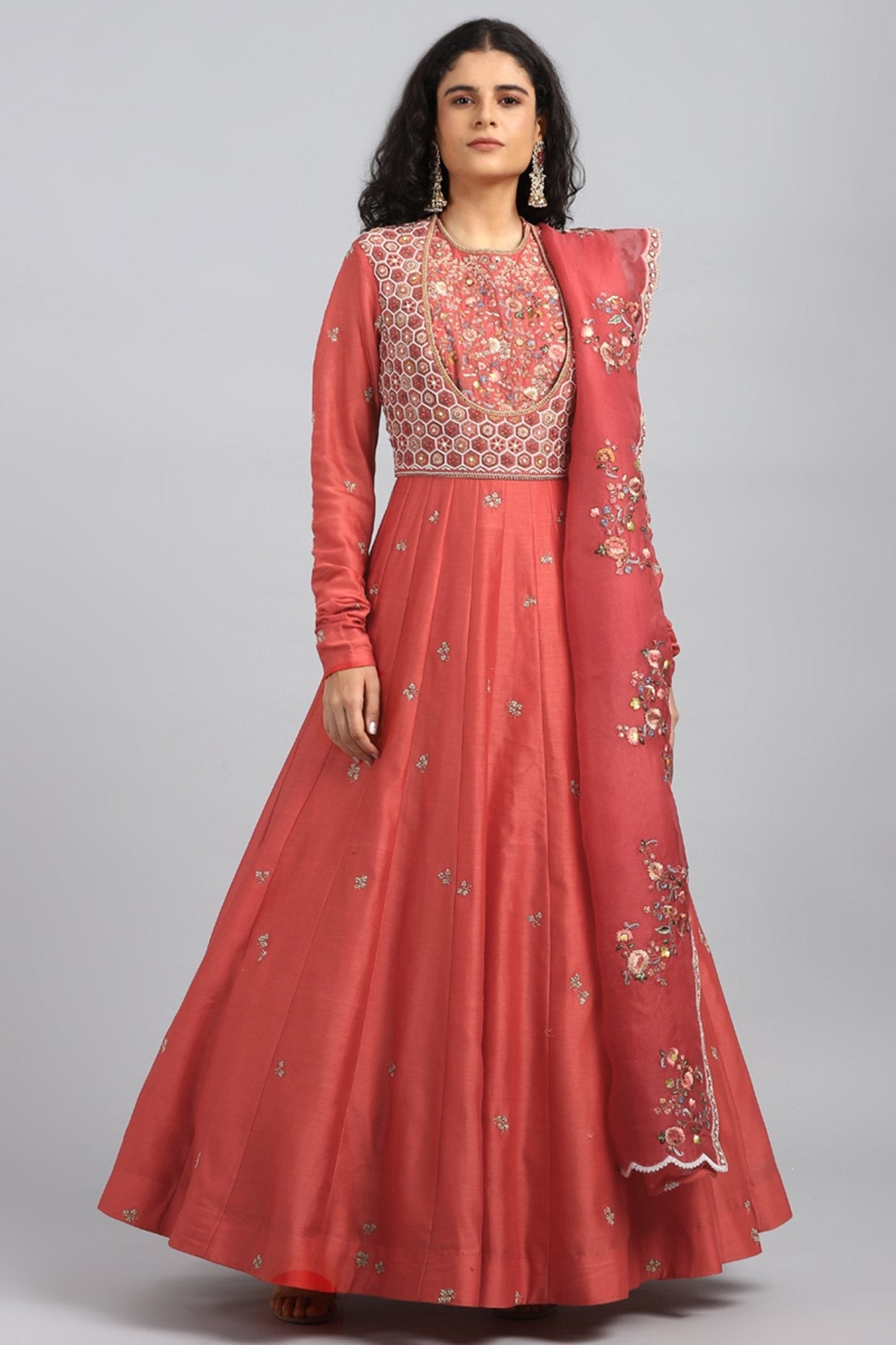 Red Digital Printed & Embroidered Anarkali Set