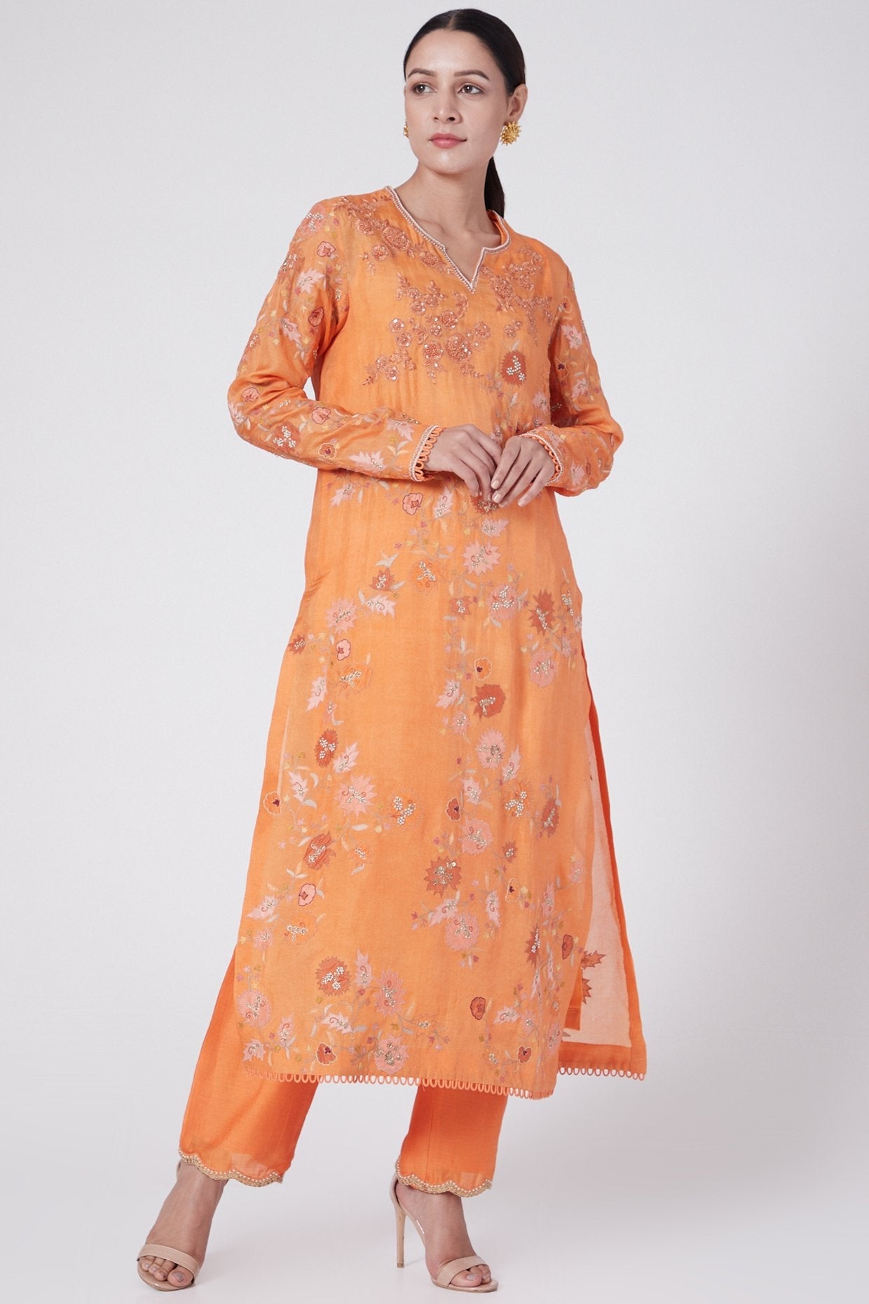 Orange Embroidered Kurta With Pants