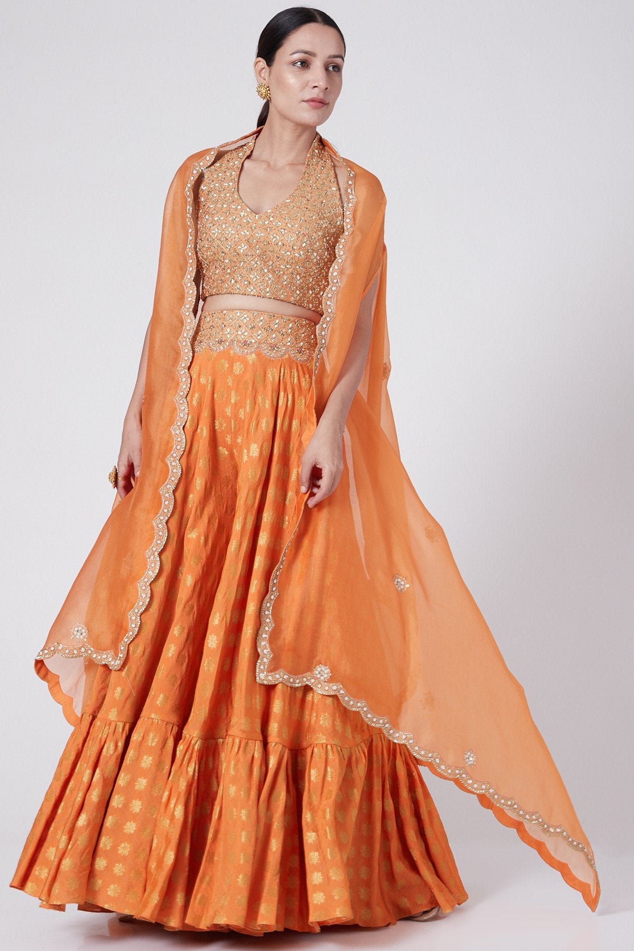 Orange Skirt Set With Cape