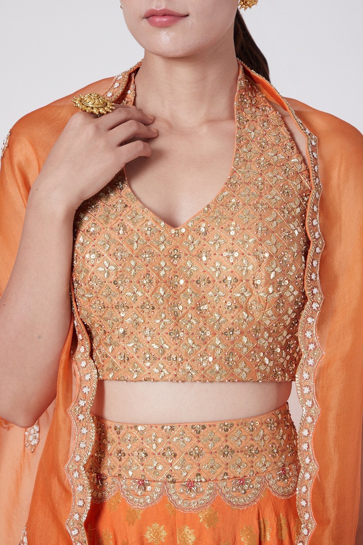 Orange Skirt Set With Cape